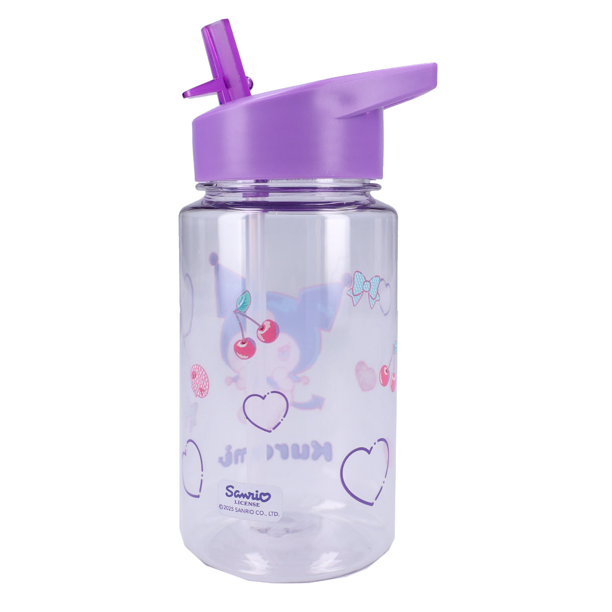 Hello Kitty Kuromi Trinkflasche 450 ml transparent mit Klappdeckel und Strohhalm