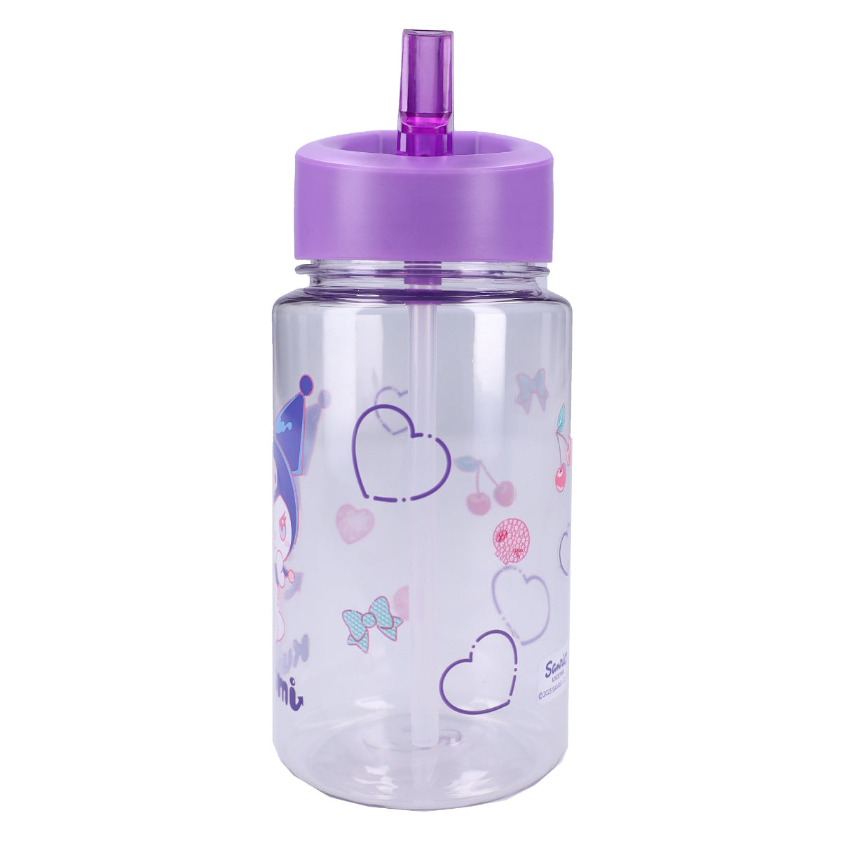 Hello Kitty Kuromi Trinkflasche 450 ml transparent mit Klappdeckel und Strohhalm