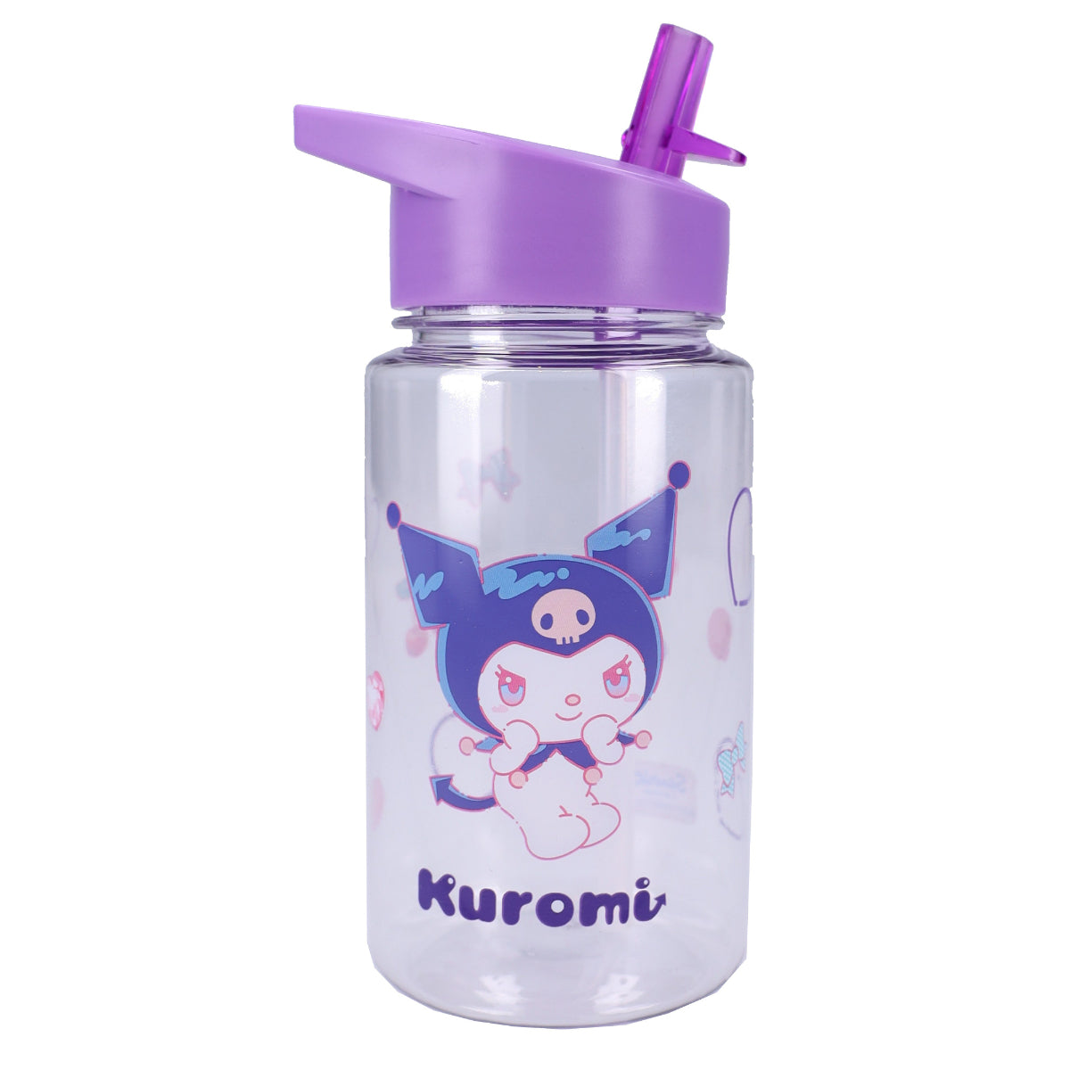 Hello Kitty Kuromi Trinkflasche 450 ml transparent mit Klappdeckel und Strohhalm