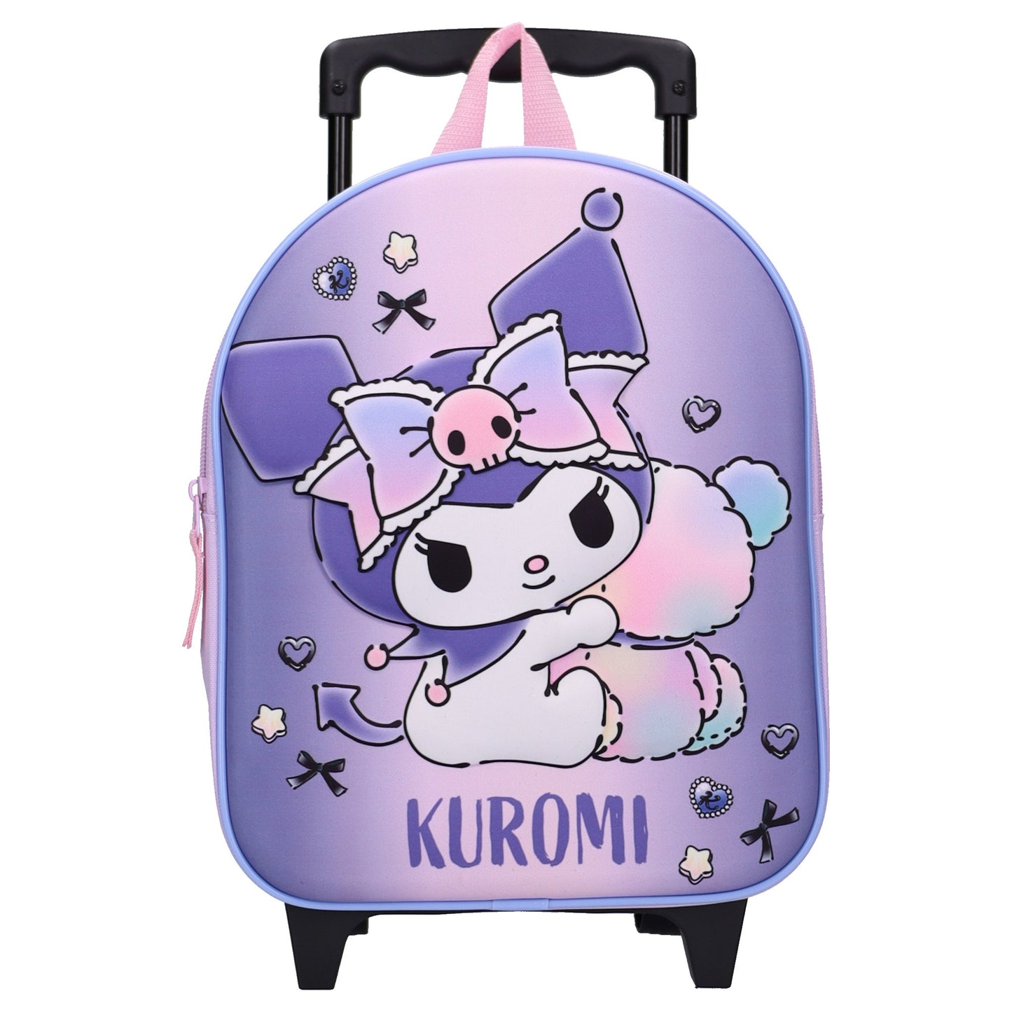 Sanrio Kuromi Kinder Trolley Rucksack 3D Schulrucksack Reisetasche mit Ziehgriff