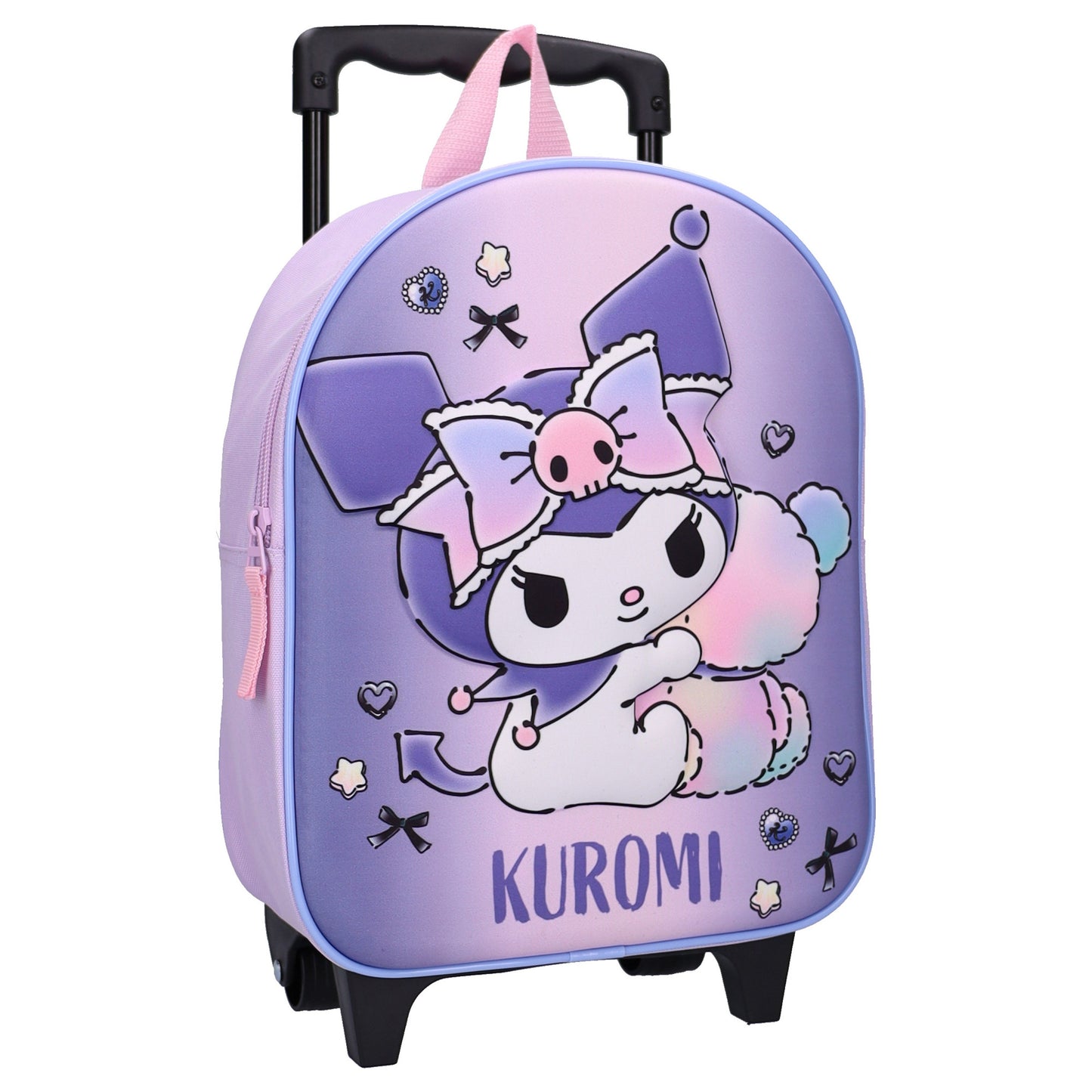 Sanrio Kuromi Kinder Trolley Rucksack 3D Schulrucksack Reisetasche mit Ziehgriff