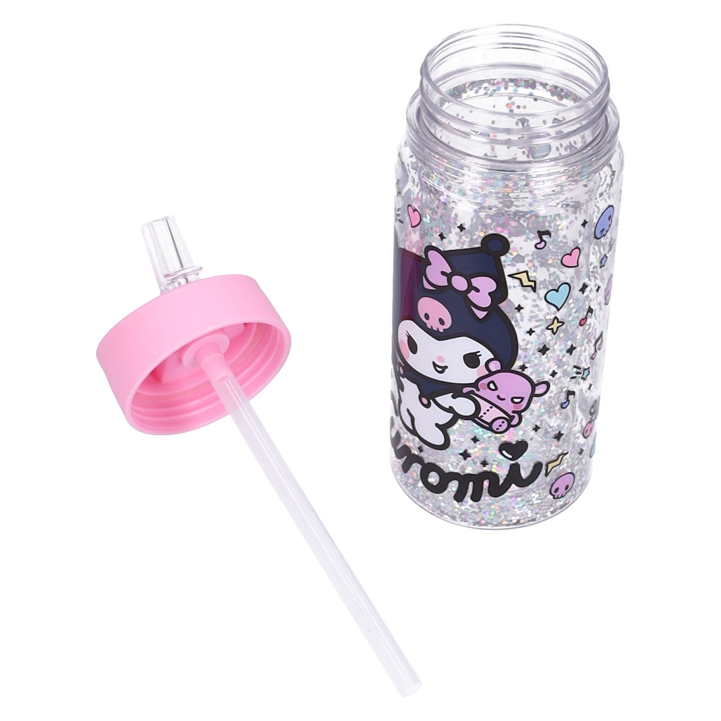 Hello Kitty & Friends Trinkflasche Kinder 300 ml mit Strohhalm Kuromi Glitzer Flasche mit Griff
