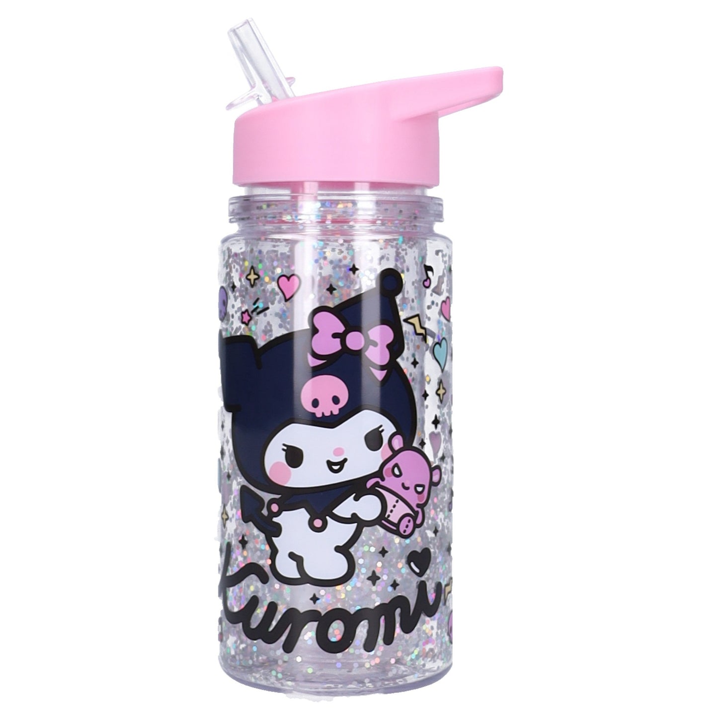 Hello Kitty & Friends Trinkflasche Kinder 300 ml mit Strohhalm Kuromi Glitzer Flasche mit Griff