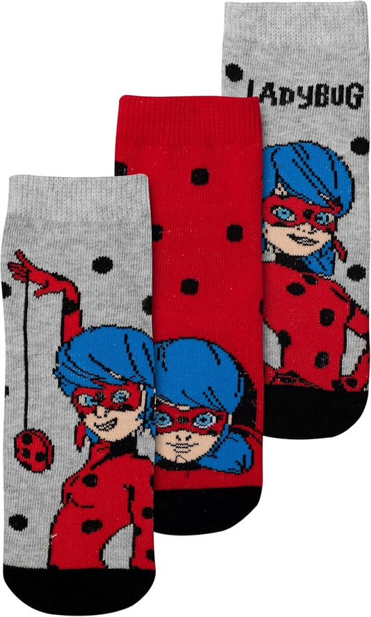 Miraculous Ladybug Socken für Mädchen - Kinder Sneaker Kindersocken Söckchen Rot Grau (3er Pack)