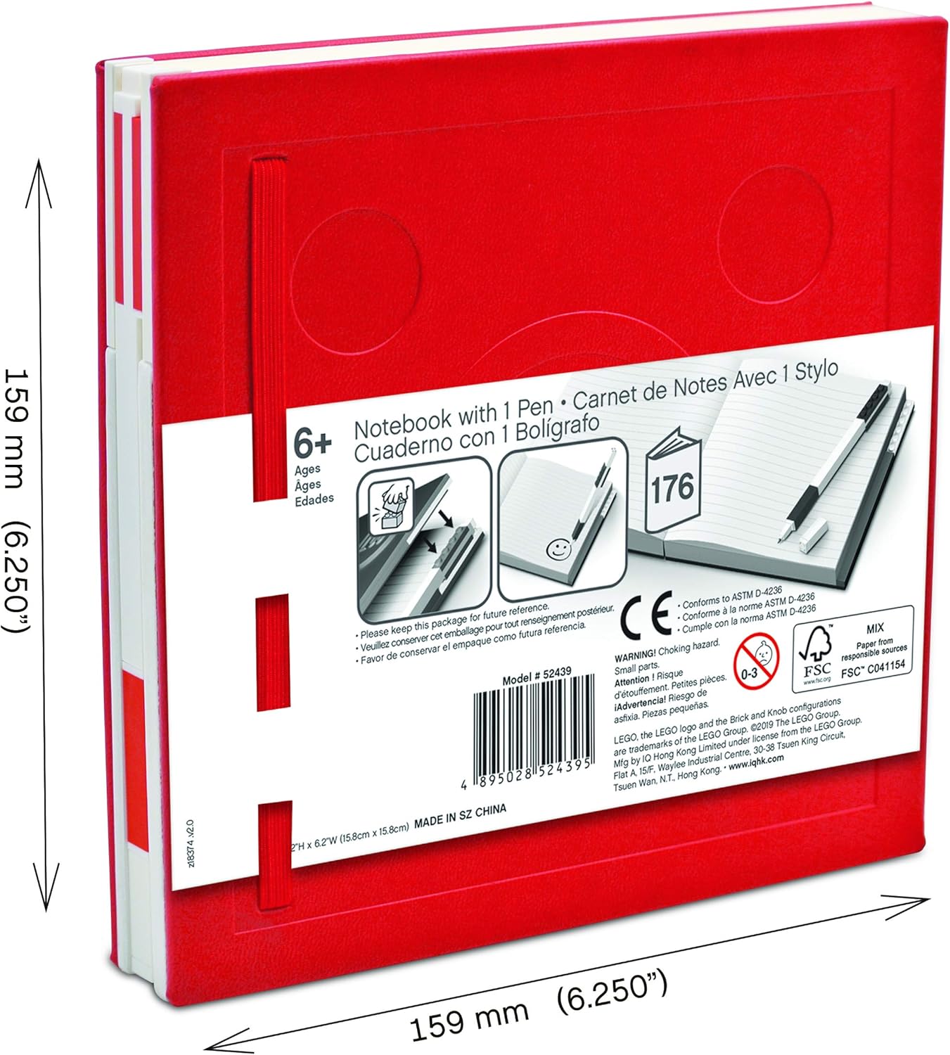 IQ LEGO Stationary Locking Notebook - Schreibwaren Notizbuch mit Gelstift - Notizbuch mit 352 quadratischen Papierseiten und Gelschreiber - Rot
