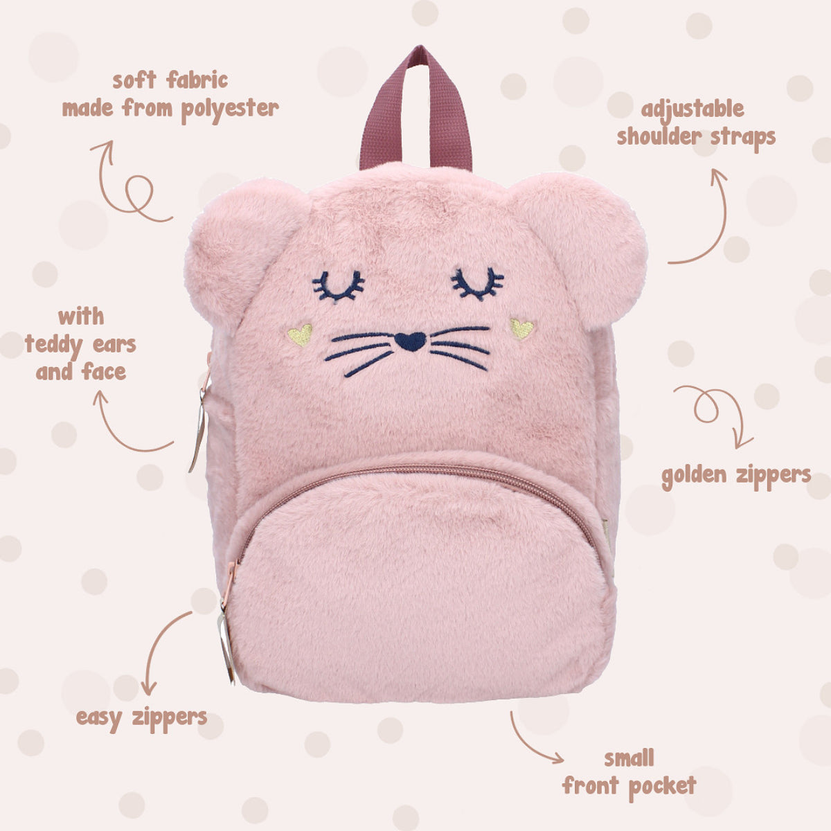 Prêt Rucksack Kinder The Adorables Katzengesicht Rosa Plüschrucksack