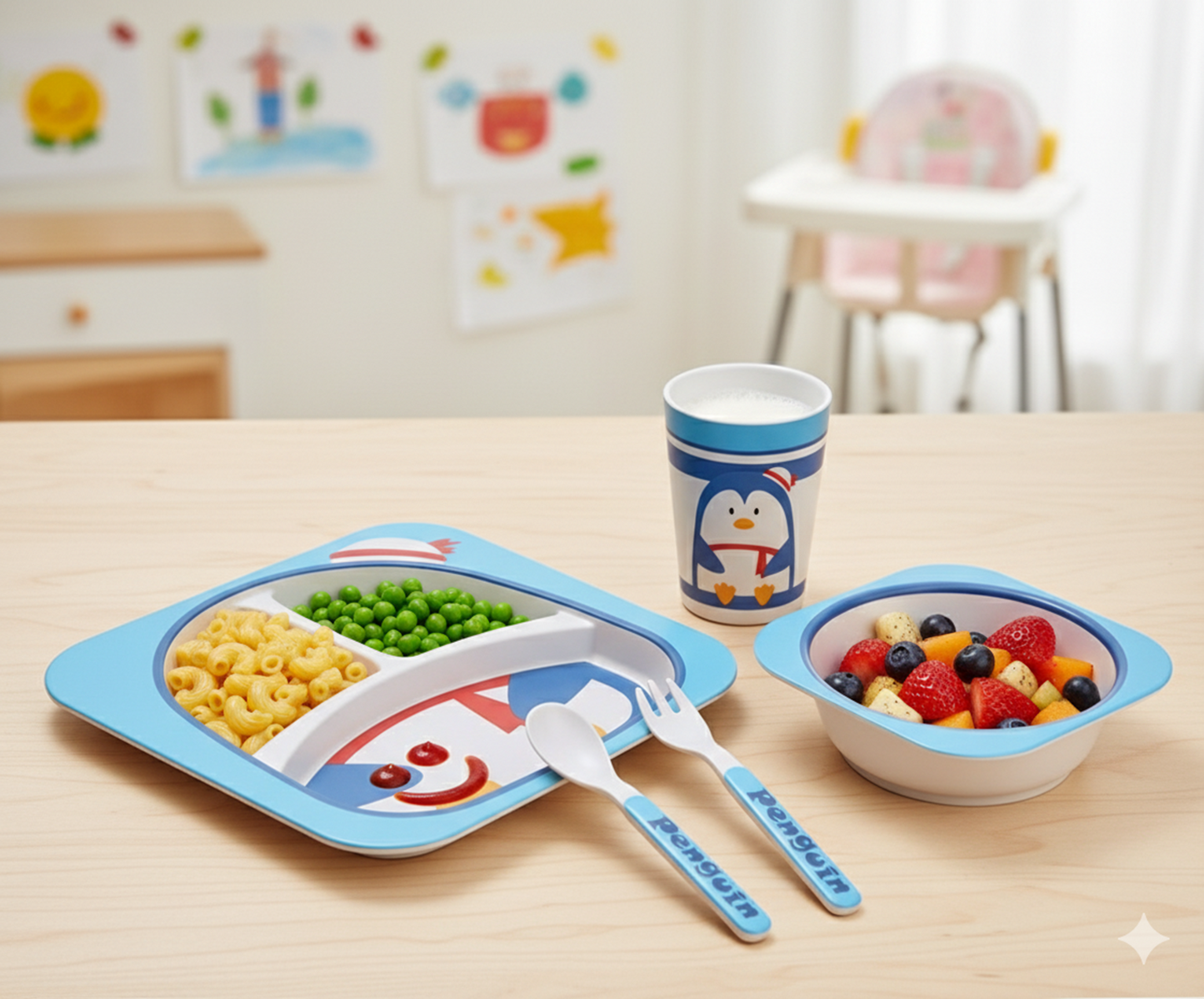 Kindergeschirrset 5-tlg. aus Bambus in Pinguinmotiv - robust & bunt