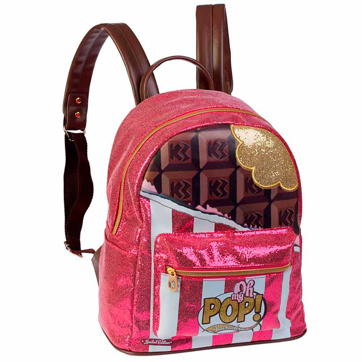 Oh My Pop Chocolat Urban Rucksack Pink Tasche mit Frontfach Seitenfächern