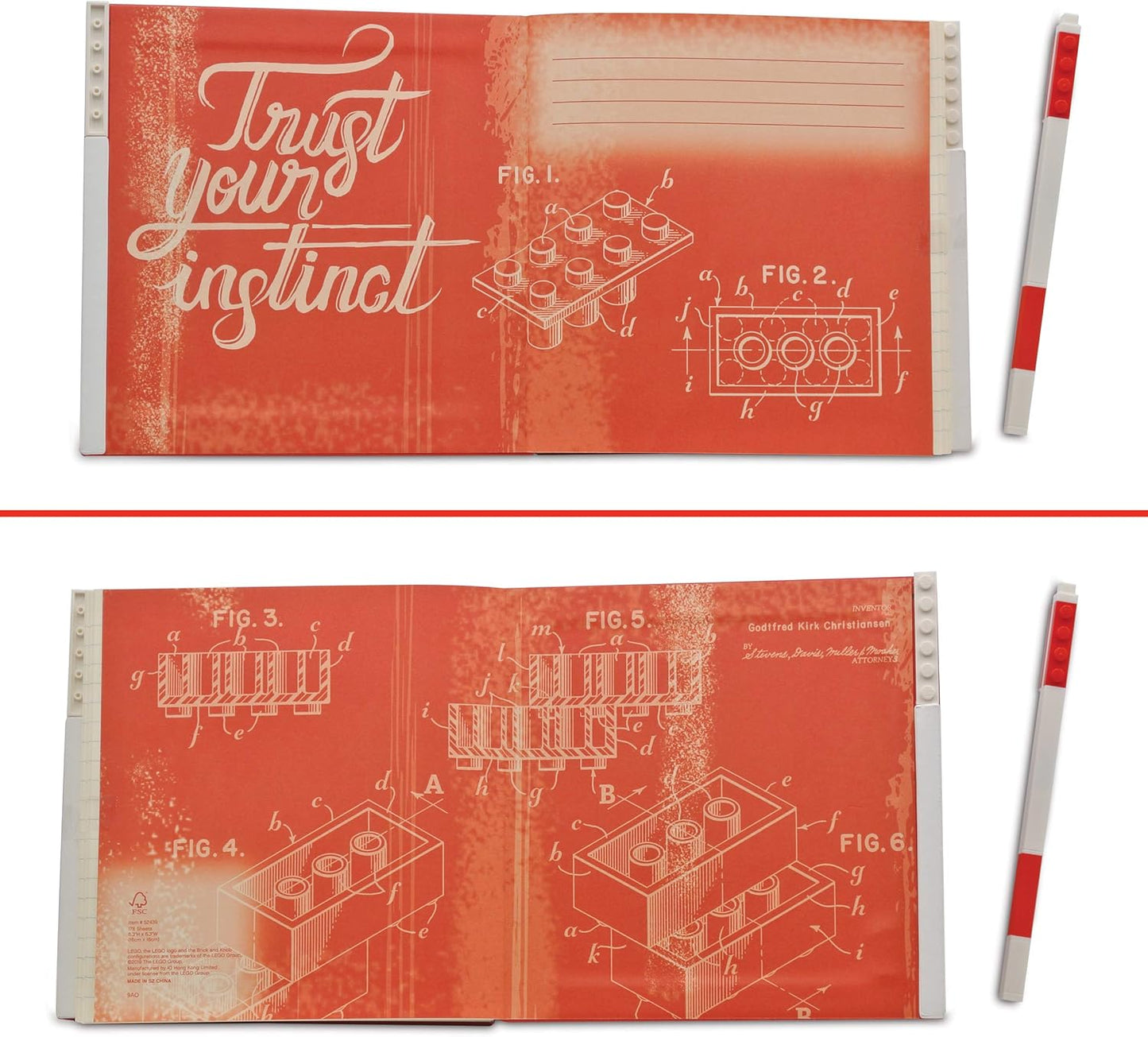IQ LEGO Stationary Locking Notebook - Schreibwaren Notizbuch mit Gelstift - Notizbuch mit 352 quadratischen Papierseiten und Gelschreiber - Rot