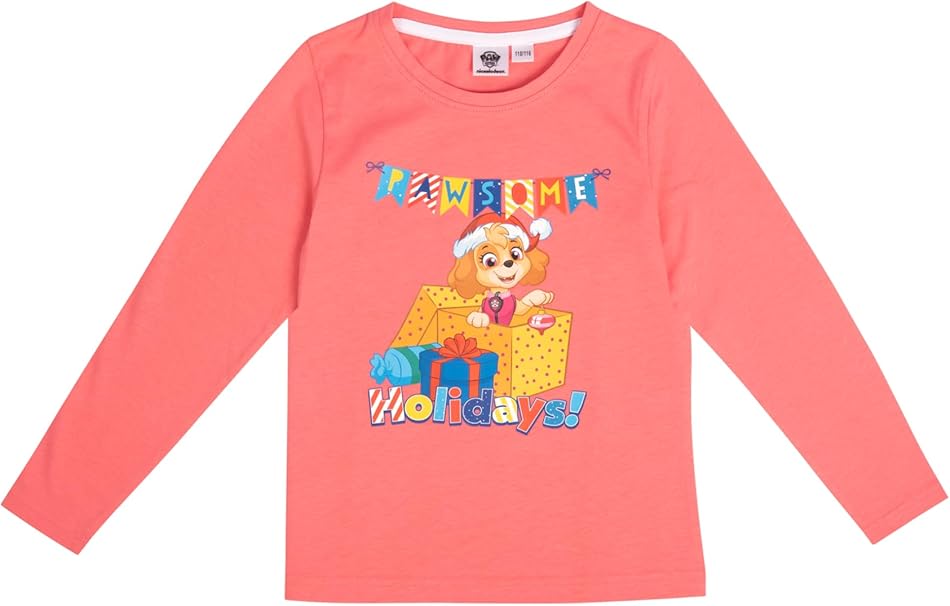 Paw Patrol Schlafanzug für Mädchen - Christmas Kinder Winter Pyjama Set Weihnachten Langarm mit Hose Coral/Weiß