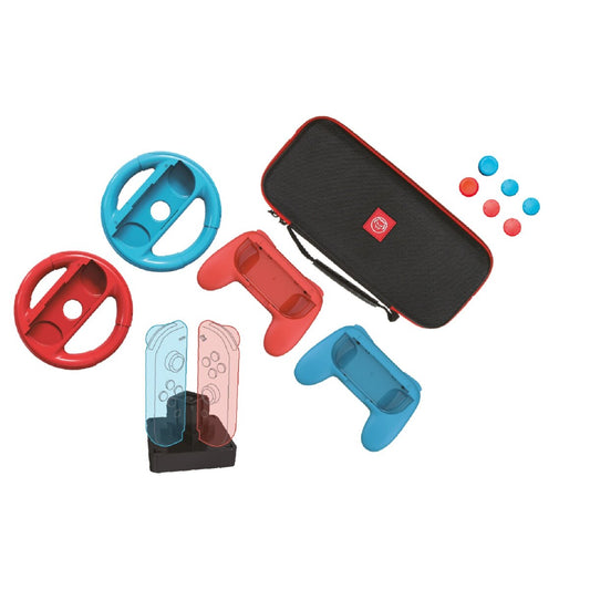 Qware accessoir set – 2 Lenkräder, 2 Controller, Ladegerät, Daumengriffe & Spielhüllen kompatibel mit Nintendo Switch