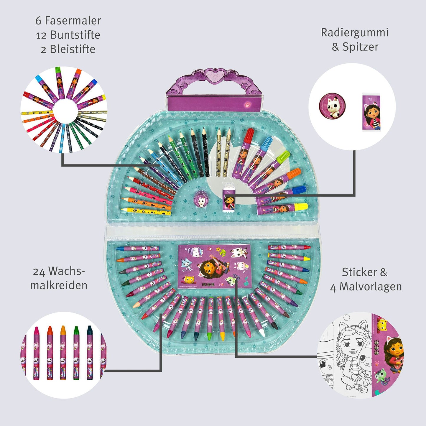 Gabby's Dollhouse Kreativset Mal- und Bastelset 12 Stifte, 12 Wachsmaler, Farben & Pinsel