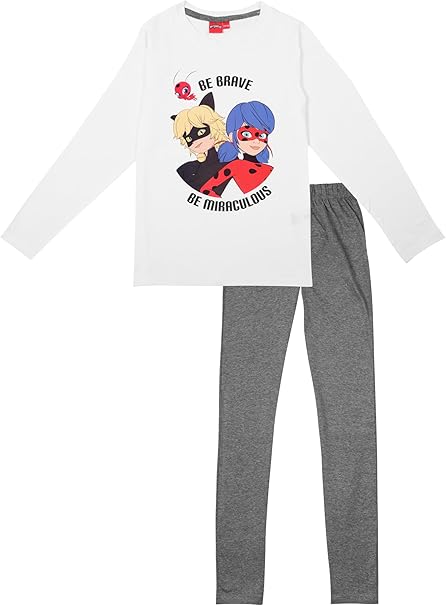 United Labels Miraculous Schlafanzug für Mädchen - Ladybug Kinder Pyjama Set Langarm Oberteil mit Hose Weiß/Grau