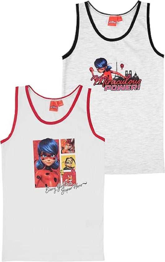 Miraculous Ladybug Unterhemd für Mädchen - Kinder Tank Top Unterwäsche Weiß/Grau (2er Pack)