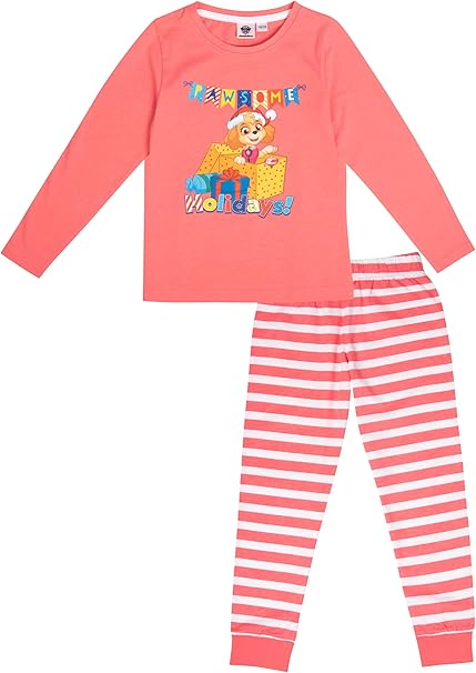 Paw Patrol Schlafanzug für Mädchen - Christmas Kinder Winter Pyjama Set Weihnachten Langarm mit Hose Coral/Weiß