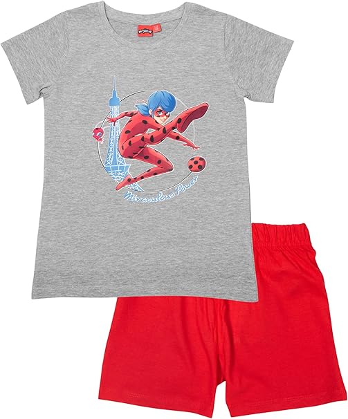 United Labels Miraculous Schlafanzug für Mädchen - Ladybug Kinder Pyjama Set Kurzarm Oberteil mit Hose Grau/Rot