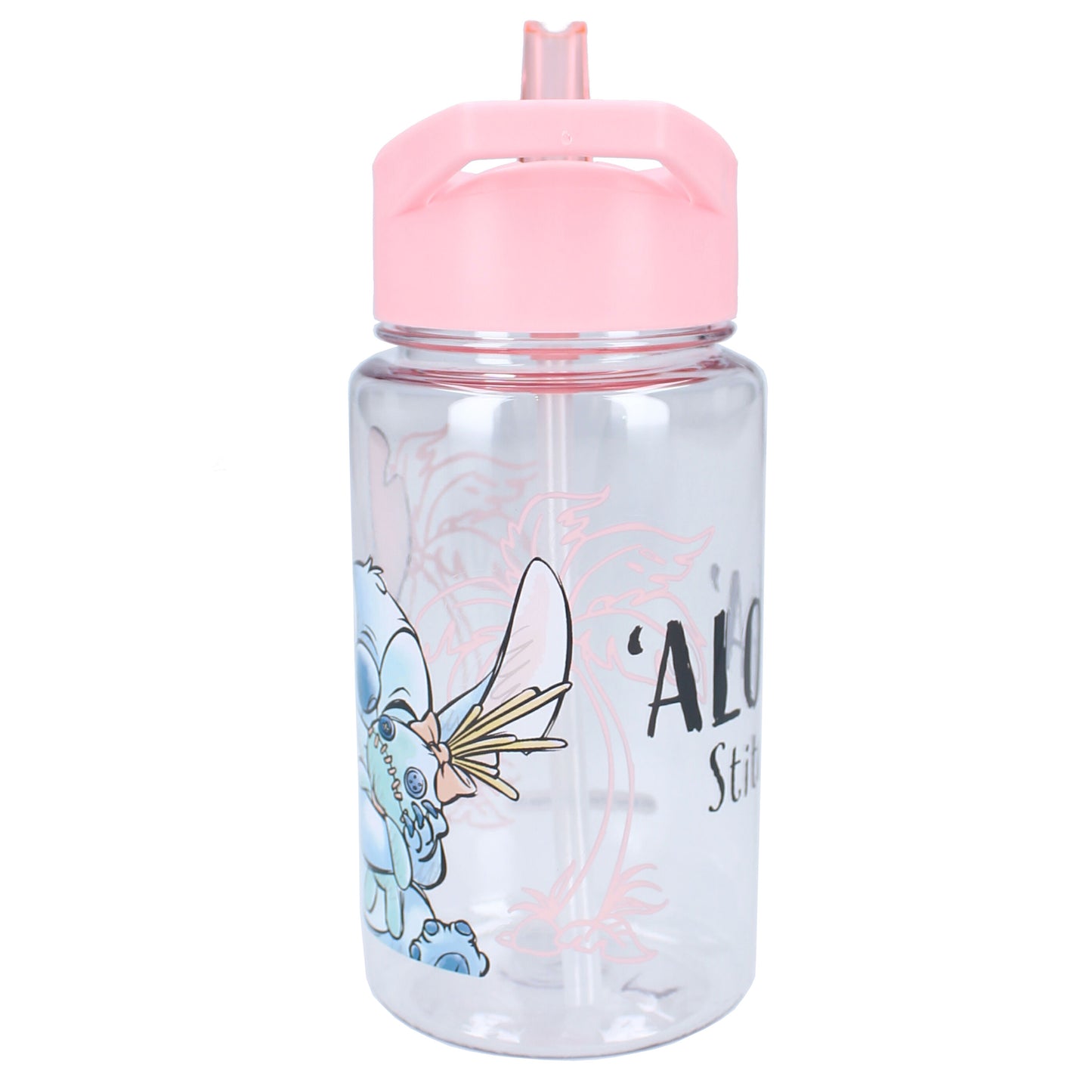 Disney Stitch Trinkflasche – 450 ml mit Strohhalm & Traggriff, transparent