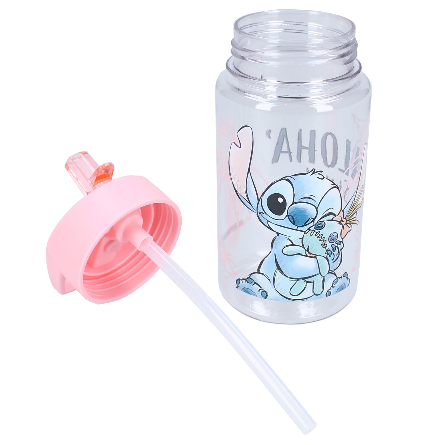 Disney Stitch Trinkflasche – 450 ml mit Strohhalm & Traggriff, transparent