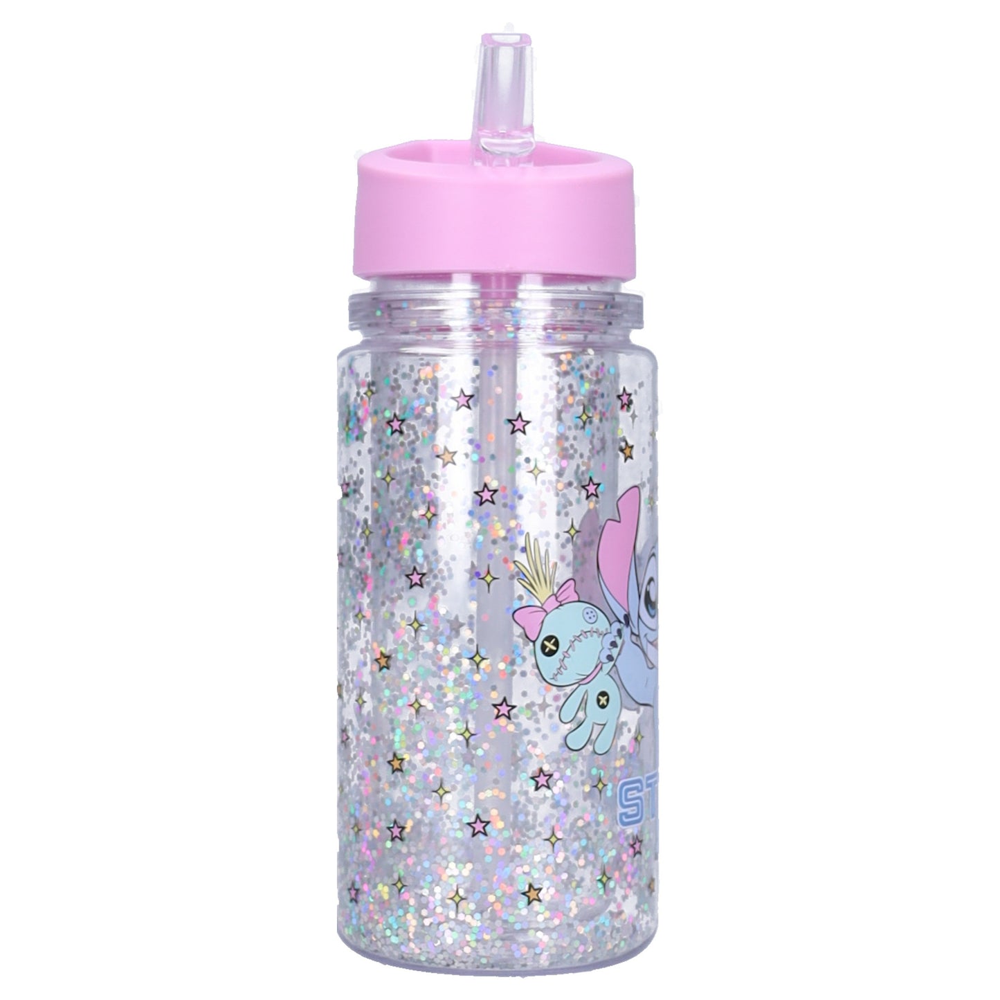 Disney Lilo & Stitch Trinkflasche Kinder 300 ml mit Strohhalm Glitzer Flasche und Griff
