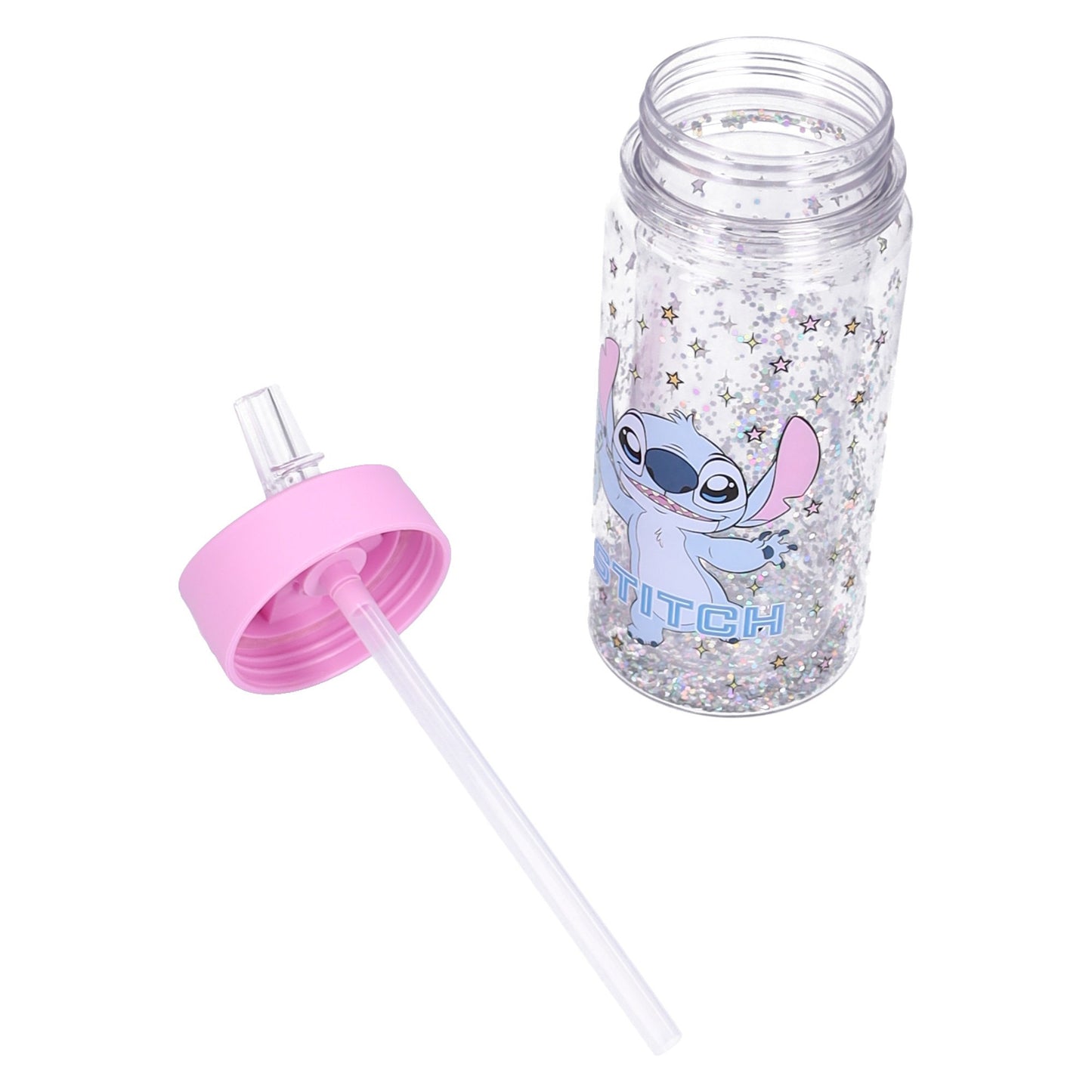 Disney Lilo & Stitch Trinkflasche Kinder 300 ml mit Strohhalm Glitzer Flasche und Griff