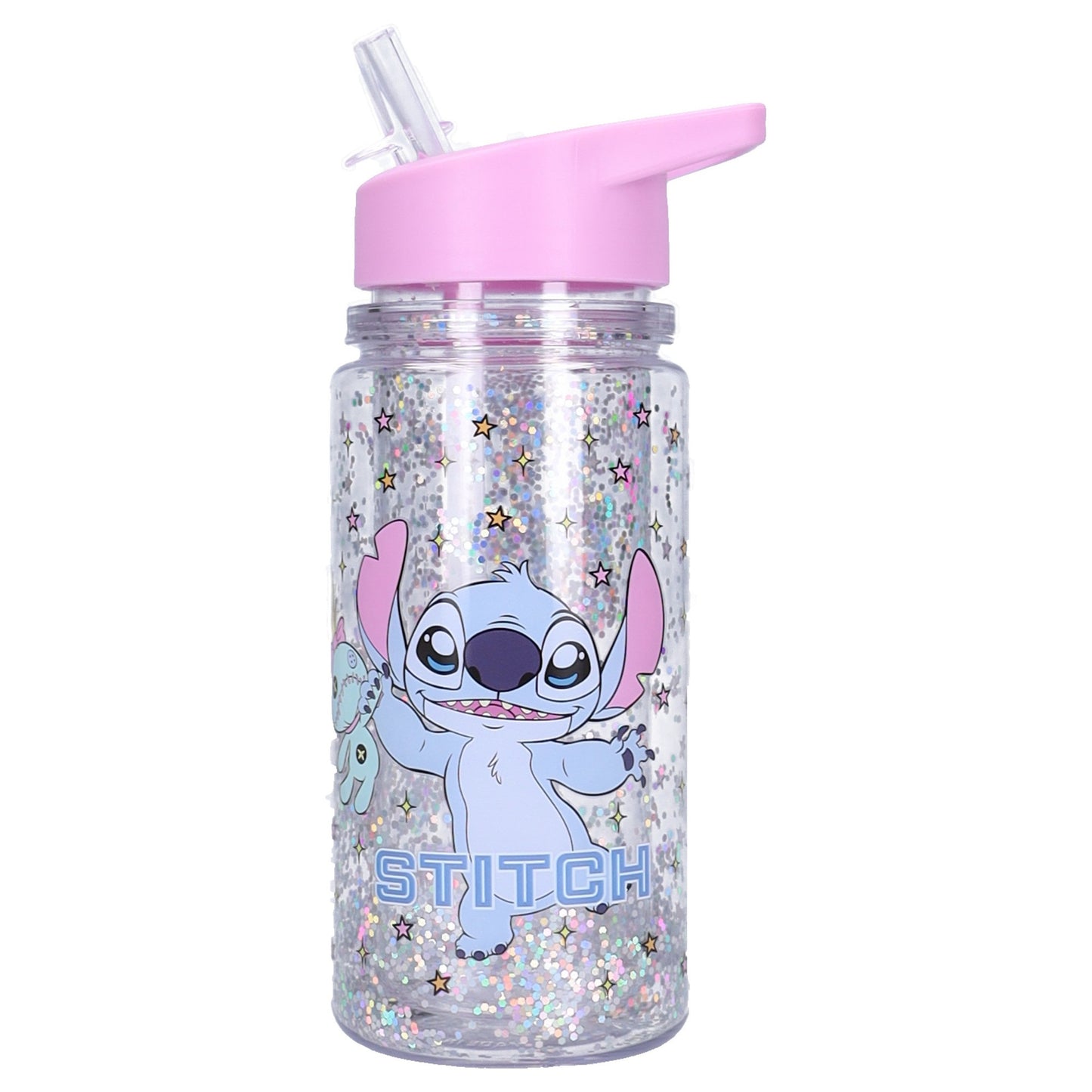 Disney Lilo & Stitch Trinkflasche Kinder 300 ml mit Strohhalm Glitzer Flasche und Griff