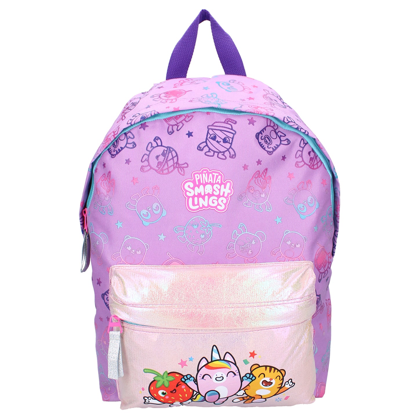 Piñata Smashlings Kinder Rucksack lila – Holografische Vordertasche, 11,5 L Volumen