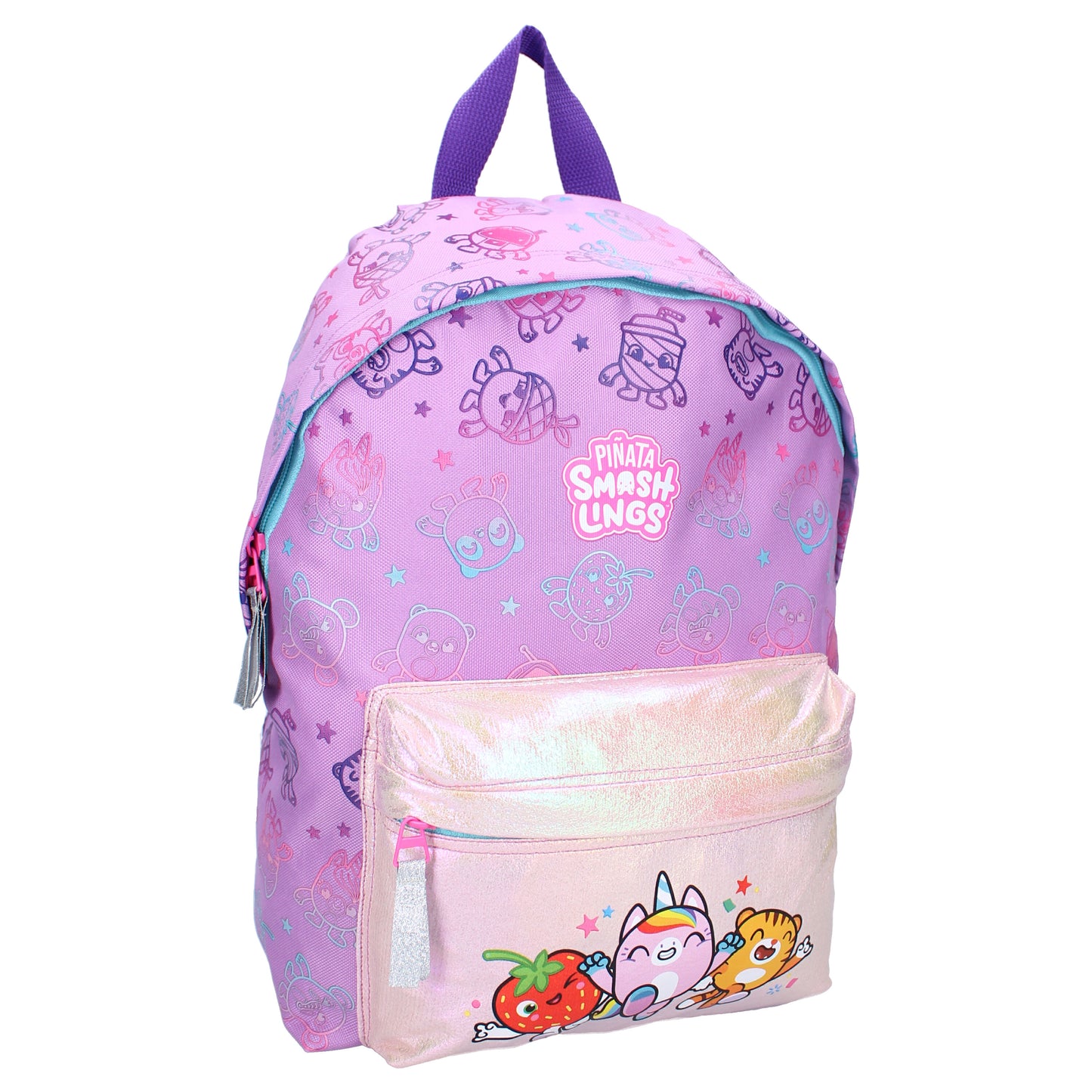 Piñata Smashlings Kinder Rucksack lila – Holografische Vordertasche, 11,5 L Volumen