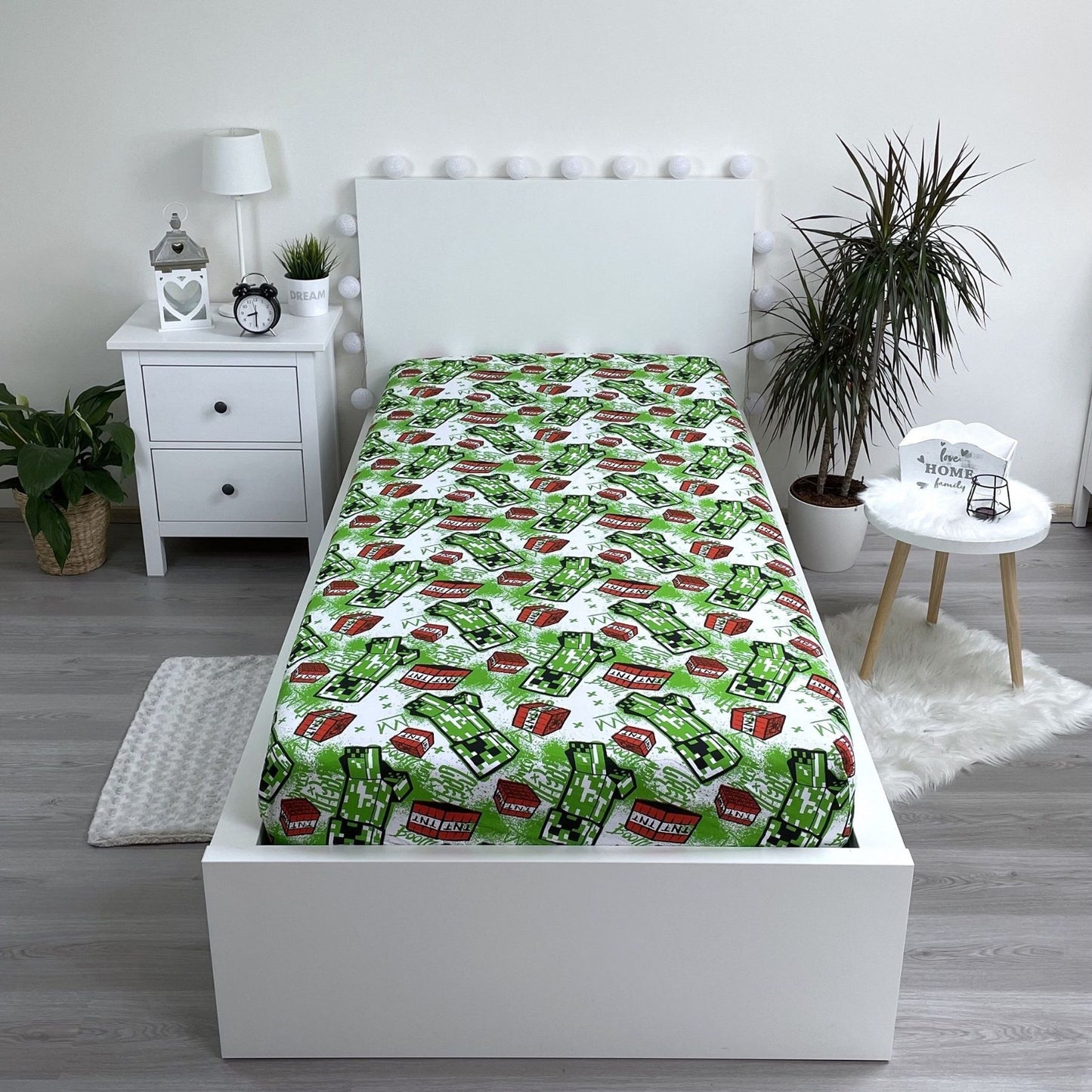 Minecraft Spannbetttuch Baumwoll-Spannbetttuch für Kinderbett (90x200+25 cm)
