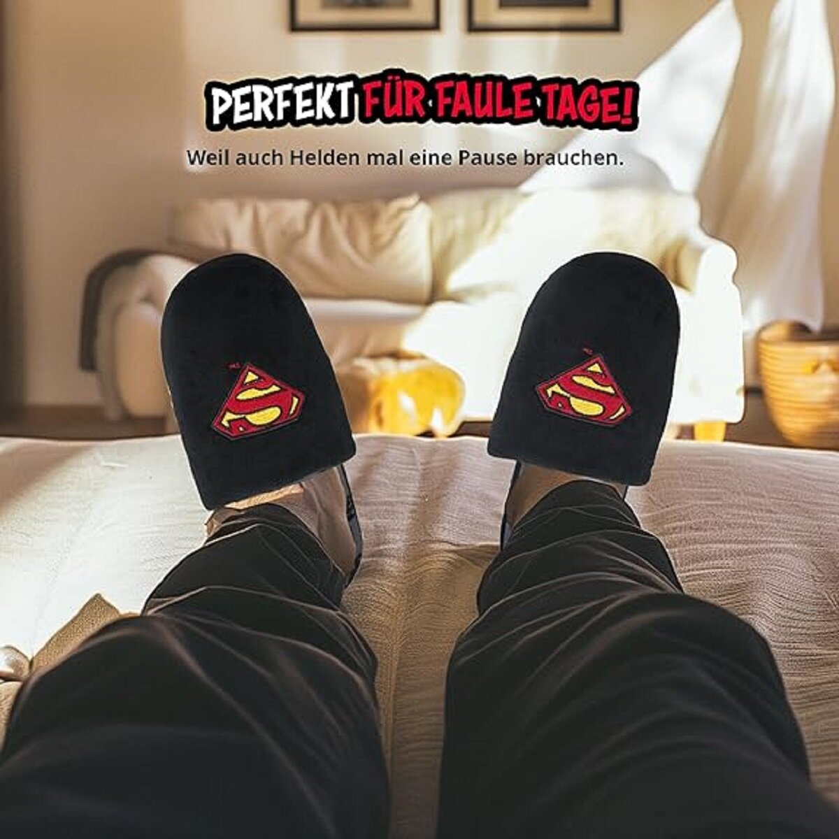 Superman Pantoffeln für Damen und Herren – Bequeme Hausschuhe in Schwarz