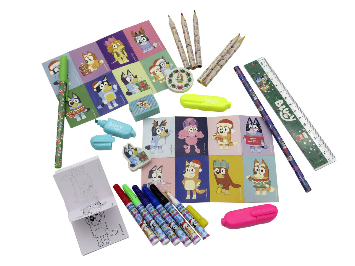 Bluey Adventskalender mit Stickern Stempeln Armband und Malzubehör für Weihnachten