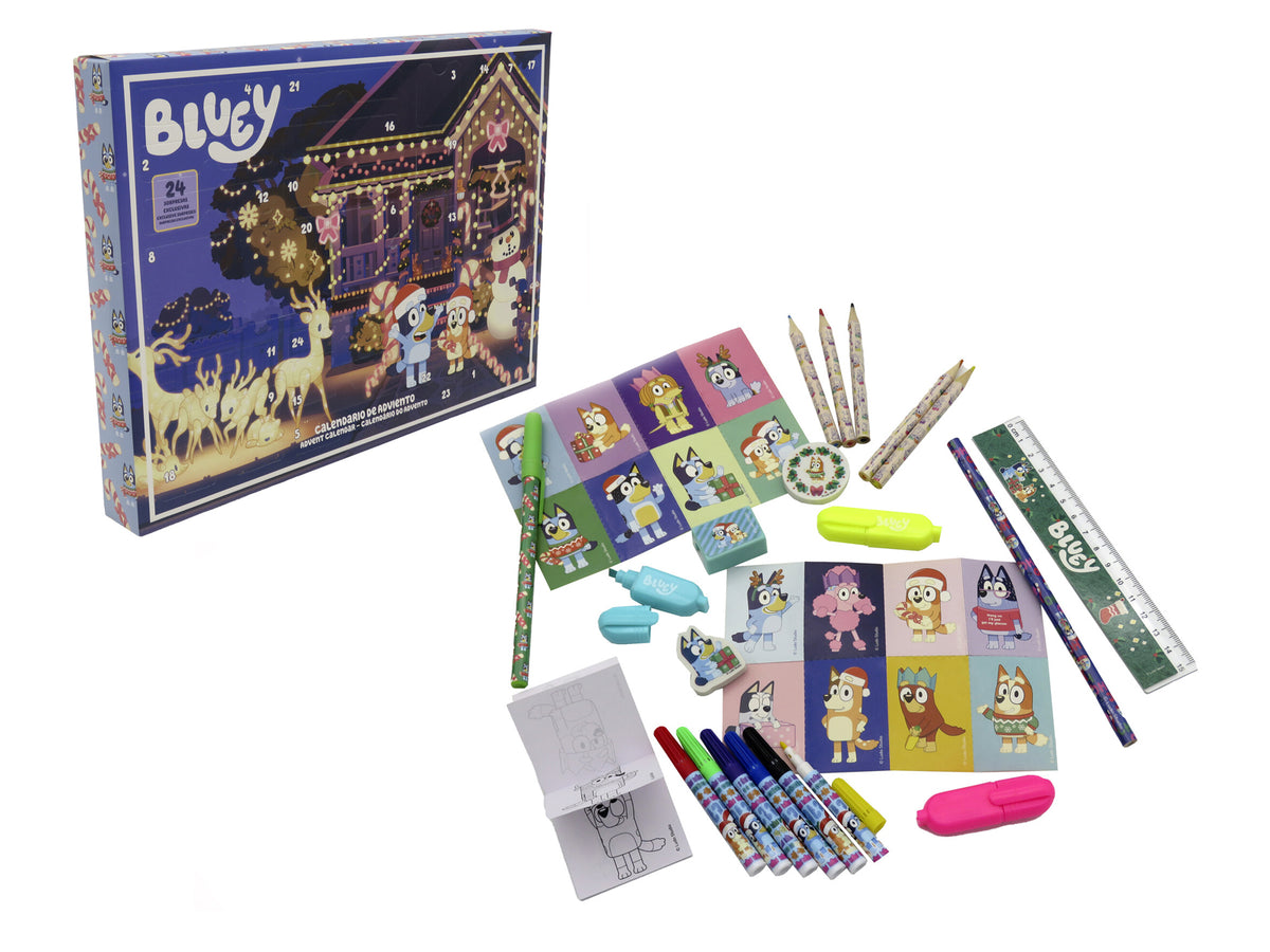 Bluey Adventskalender mit Stickern Stempeln Armband und Malzubehör für Weihnachten
