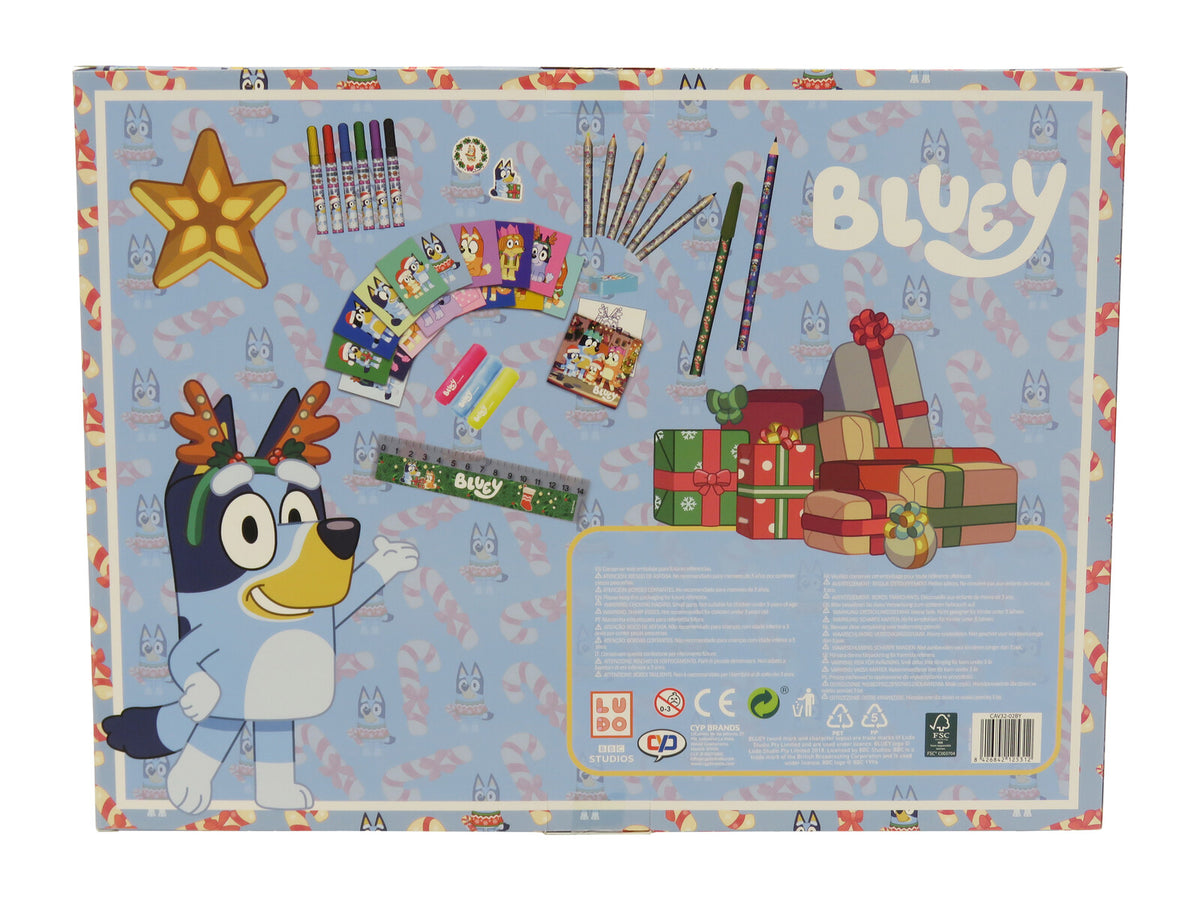 Bluey Adventskalender mit Stickern Stempeln Armband und Malzubehör für Weihnachten