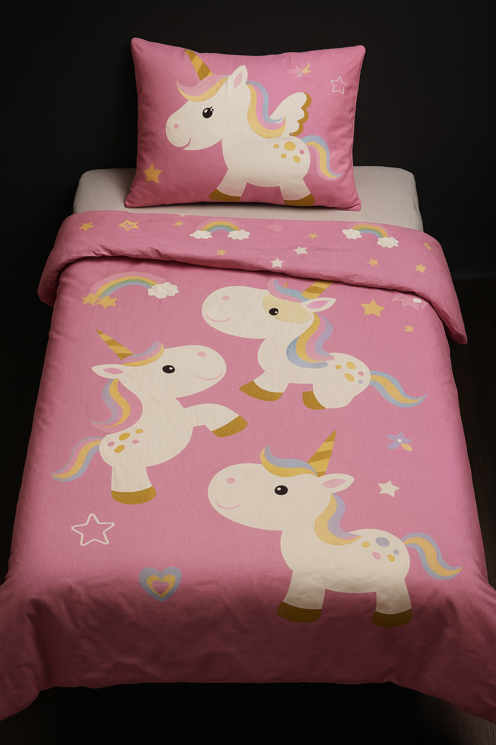 Unicorn Bettwäsche Einhorn-Motiv Bettbezug 135x200 cm + Kopfkissenbezug 80x80 cm Kinder-Bettwäsche-Set
