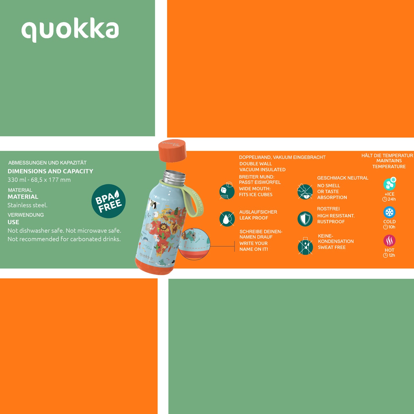 Quokka MAP OF LIFE Trinkflasche 330 ml Solid Kids Edelstahl Flasche Hält Kalt & Warm