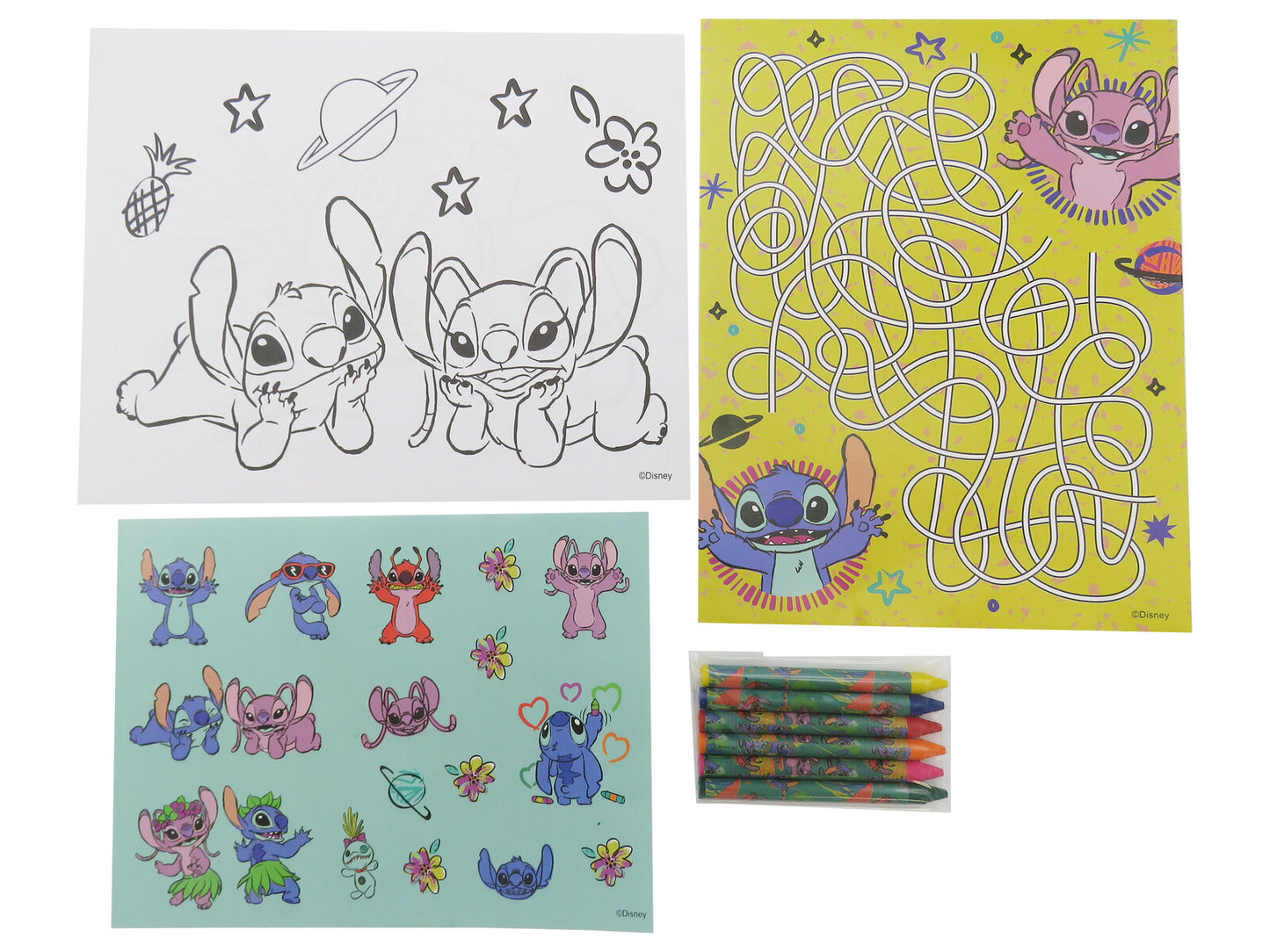Disney Lilo & Stitch Malset für Kinder mit 12 Malblättern, 6 Buntstiften, Labyrinth und Aufklebern