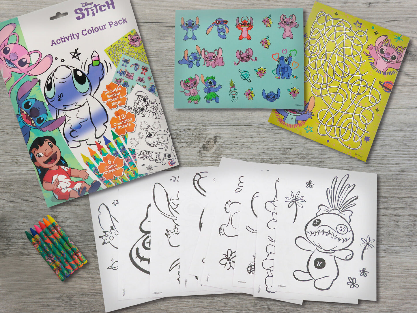 Disney Lilo & Stitch Malset für Kinder mit 12 Malblättern, 6 Buntstiften, Labyrinth und Aufklebern