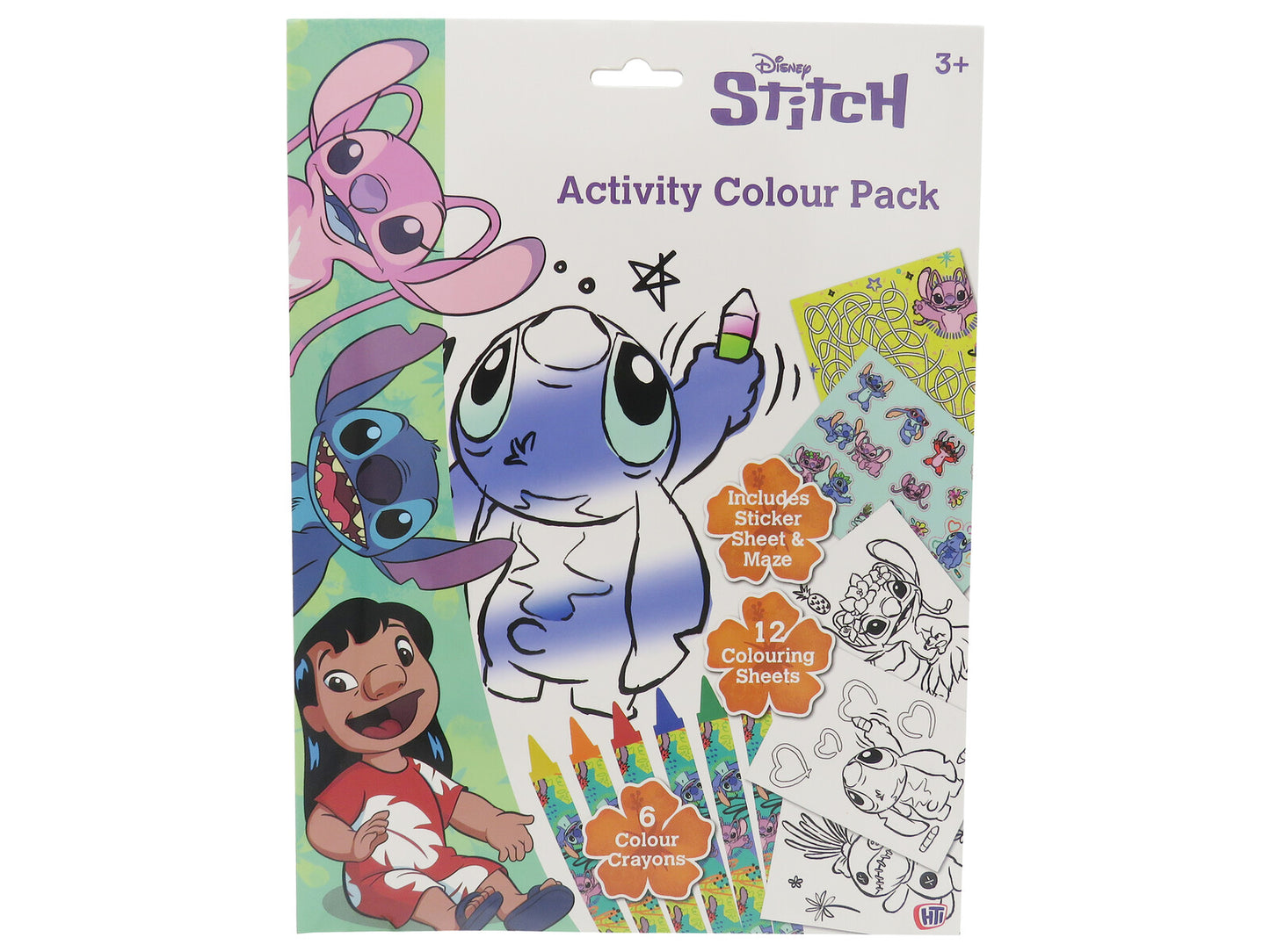Disney Lilo & Stitch Malset für Kinder mit 12 Malblättern, 6 Buntstiften, Labyrinth und Aufklebern
