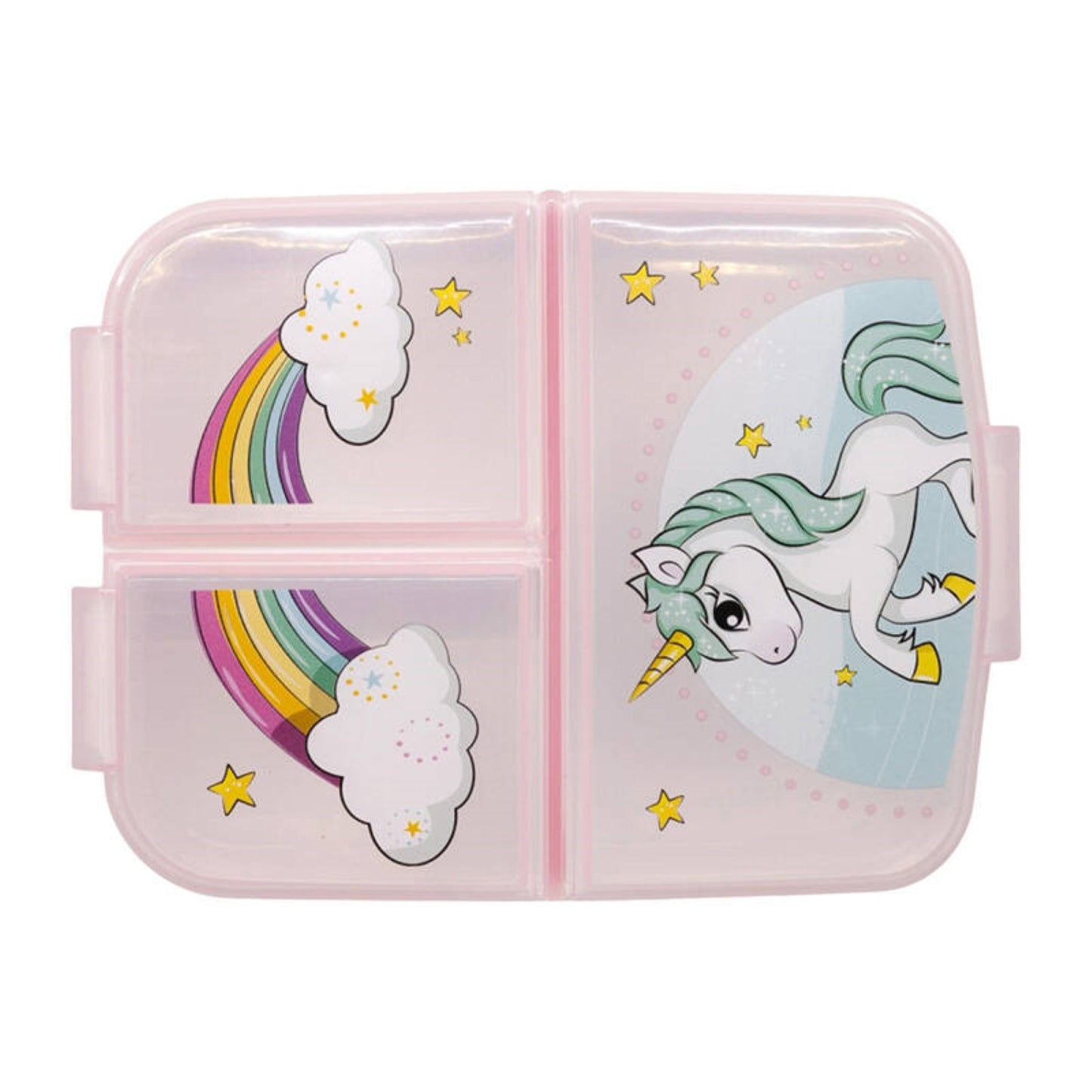 Brotdose mit 3 Fächer mit Einhorn und Regenbogen Lunchbox in Rosa für Kinder