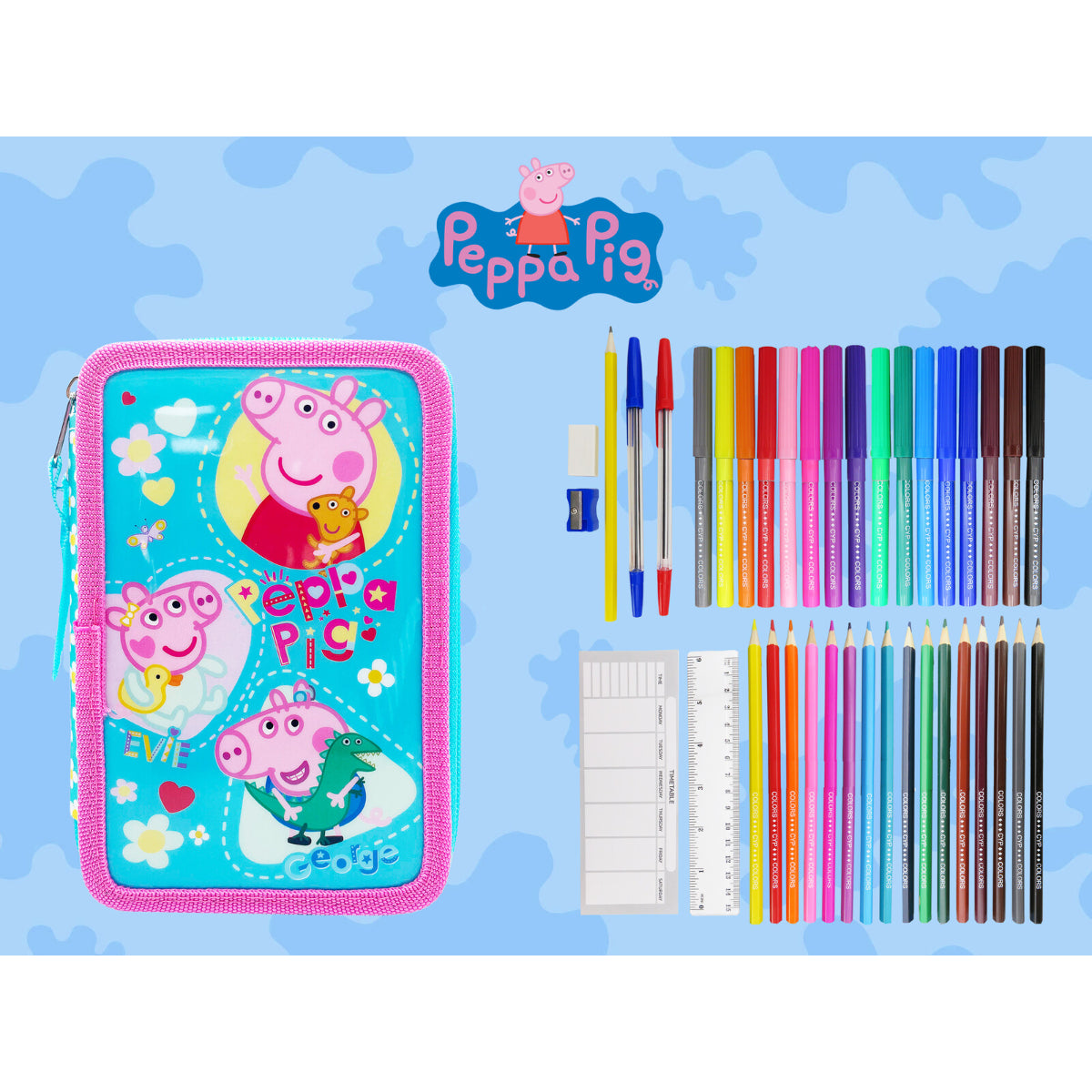 Peppa Pig Federmäppchen gefüllt 3 Fächer Schreibwaren Set Schule Zuhause