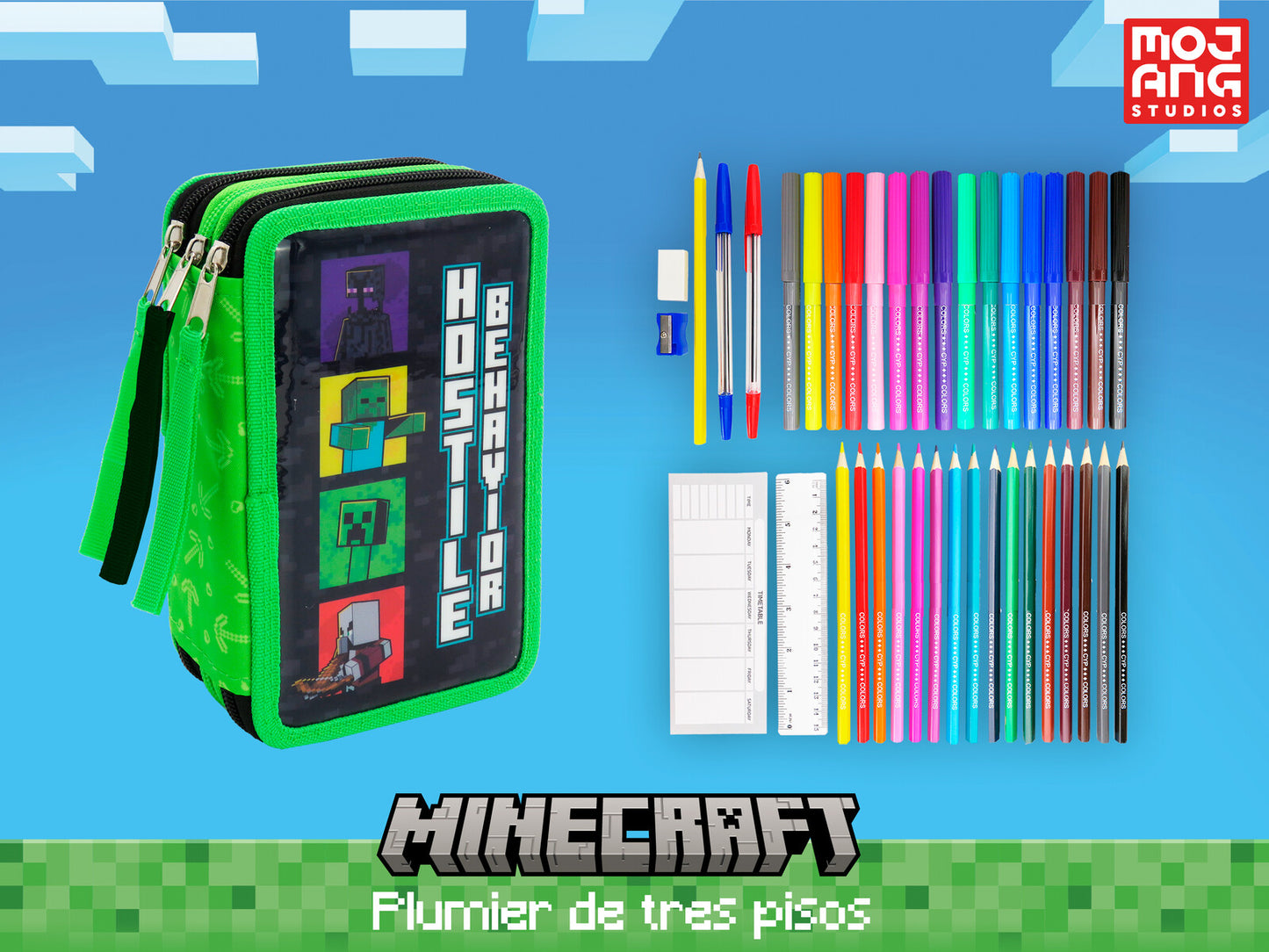 Minecraft Hostile Behavior Federmäppchen 3 Etagen 39 teilig Schüleretui mit Stiften Lineal