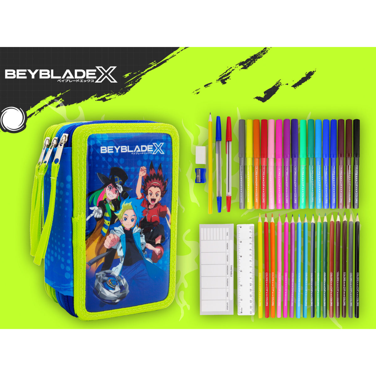Beyblade Plumier 3 Pisos Federmäppchen gefüllt 39 Teile Schule 20 cm