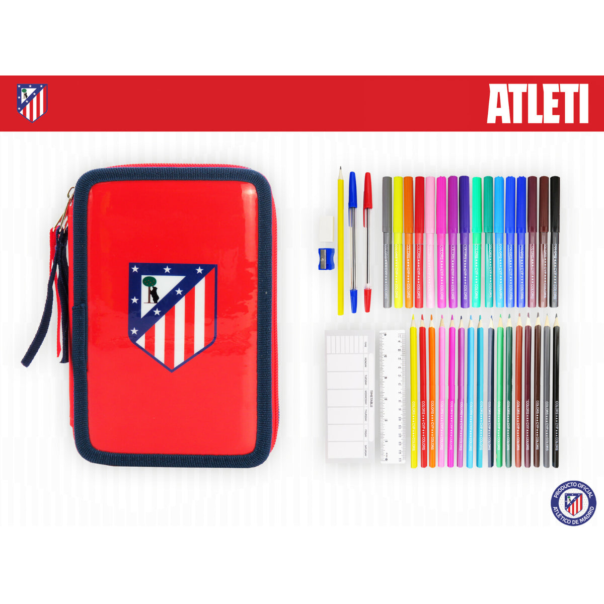 Atlético de Madrid Federmäppchen 3 Etagen 39 teilig Schüleretui mit Stiften Lineal und Zubehör