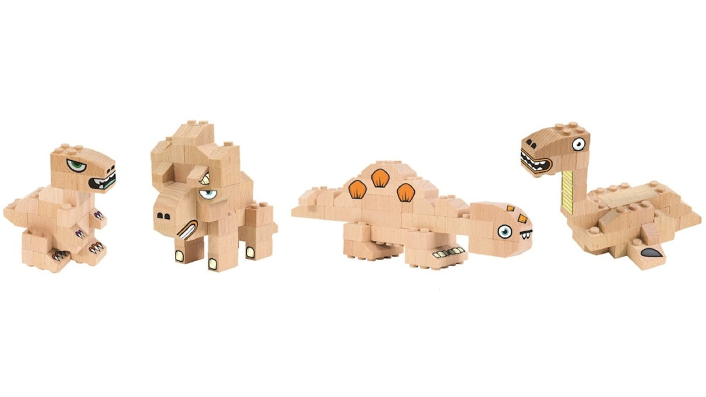 FabBrix Dinosaurs FB-1817 Holzbausteine, Klemmbausteine aus zertifiziertem Buchenholz, 100% kompatibel mit konventionellen Bausteinen