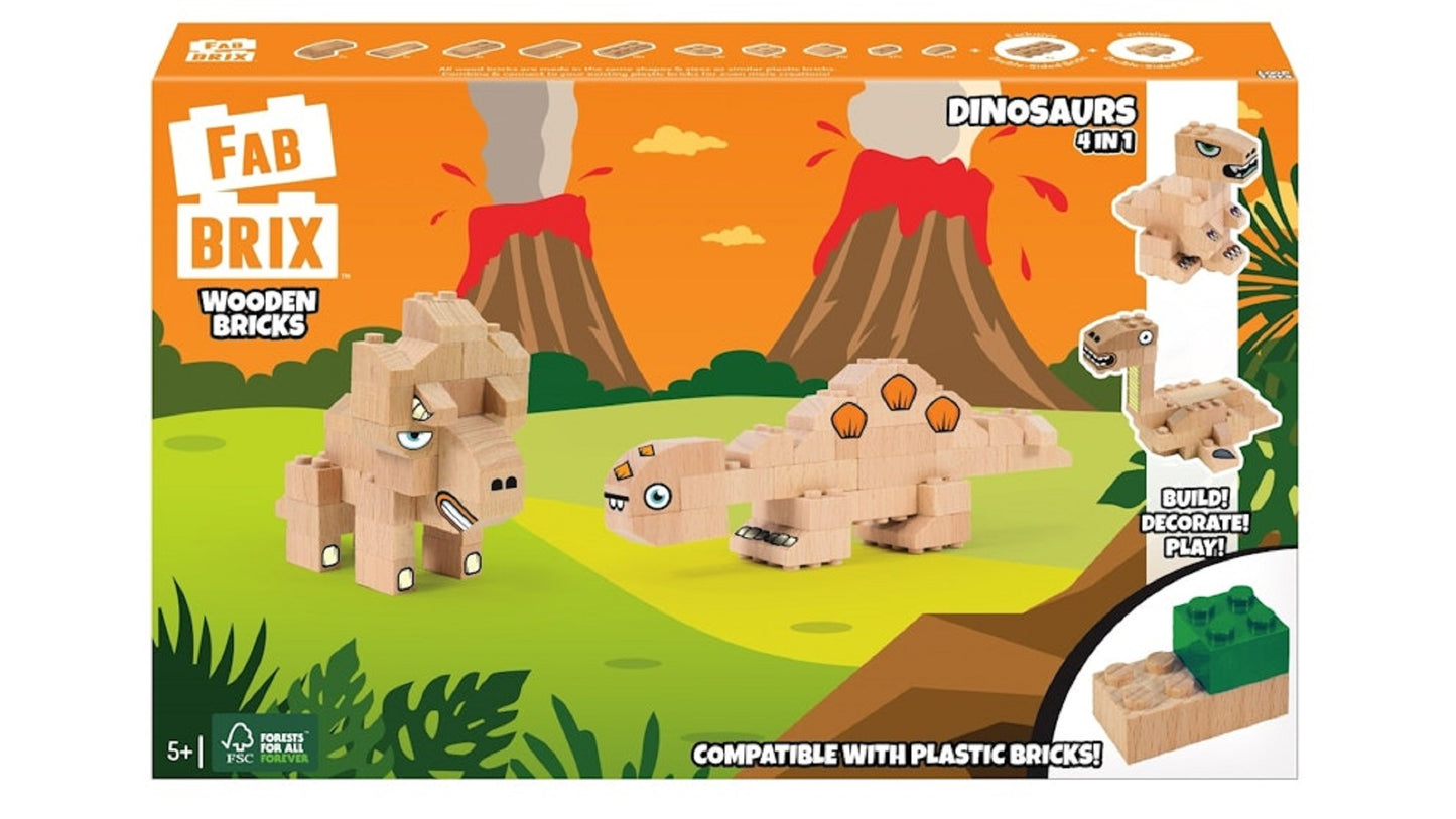 FabBrix Dinosaurs FB-1817 Holzbausteine, Klemmbausteine aus zertifiziertem Buchenholz, 100% kompatibel mit konventionellen Bausteinen