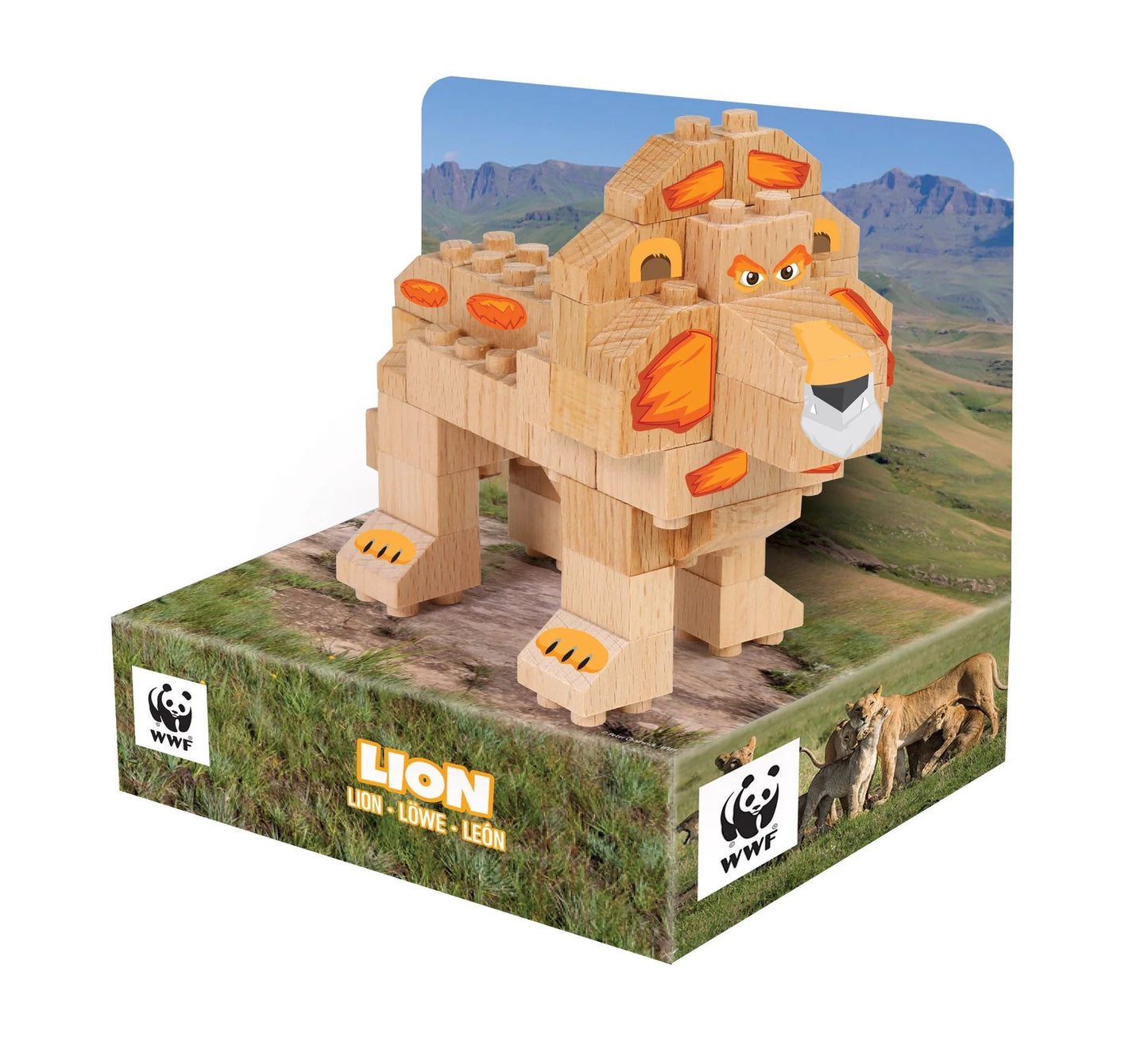 FabBrix WWF Wooden Bricks Löwe Holzbausteine, Klemmbausteine aus zertifiziertem Buchenholz, 100% kompatibel mit konventionellen Bausteinen FB-WWF009