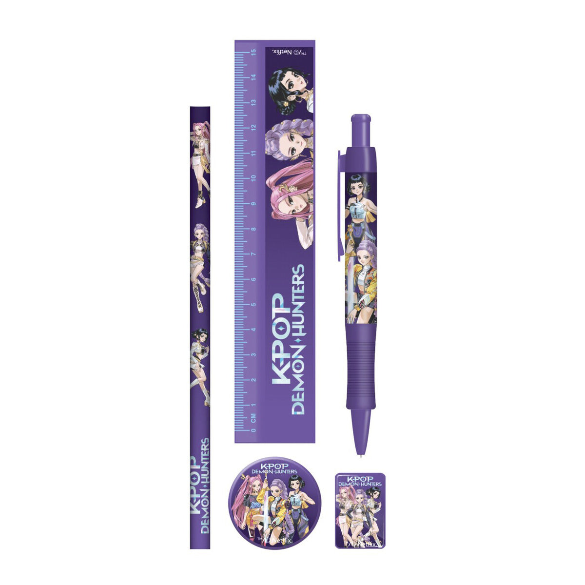 K-Pop Demon Hunters Schreibwarenset 5 teilig mit Lineal Stift Bleistift Radierer und Anspitzer