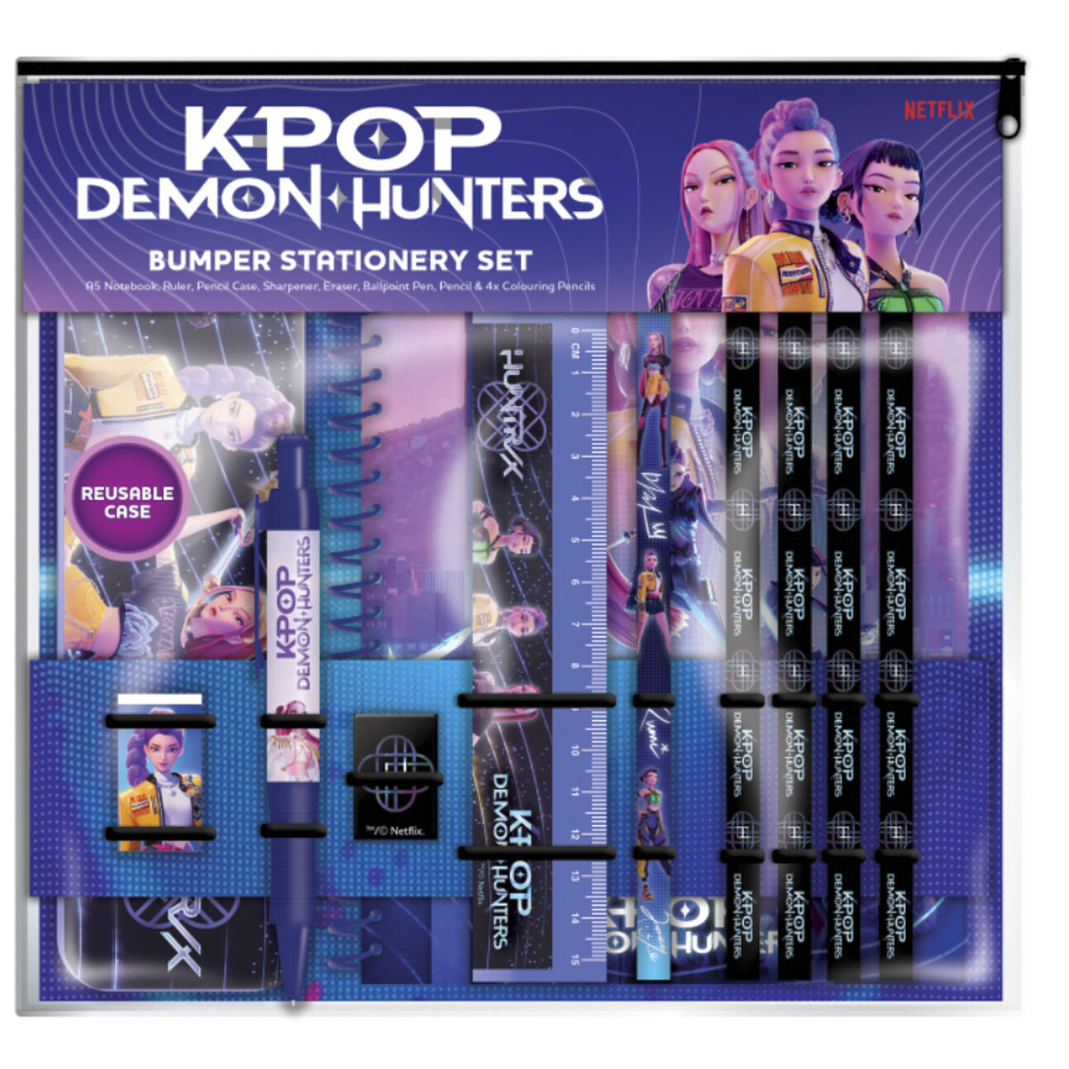 KPop Demon Hunters Schreibset mit Notizbuch Bleistiften Kugelschreibern Lineal und Federmappe