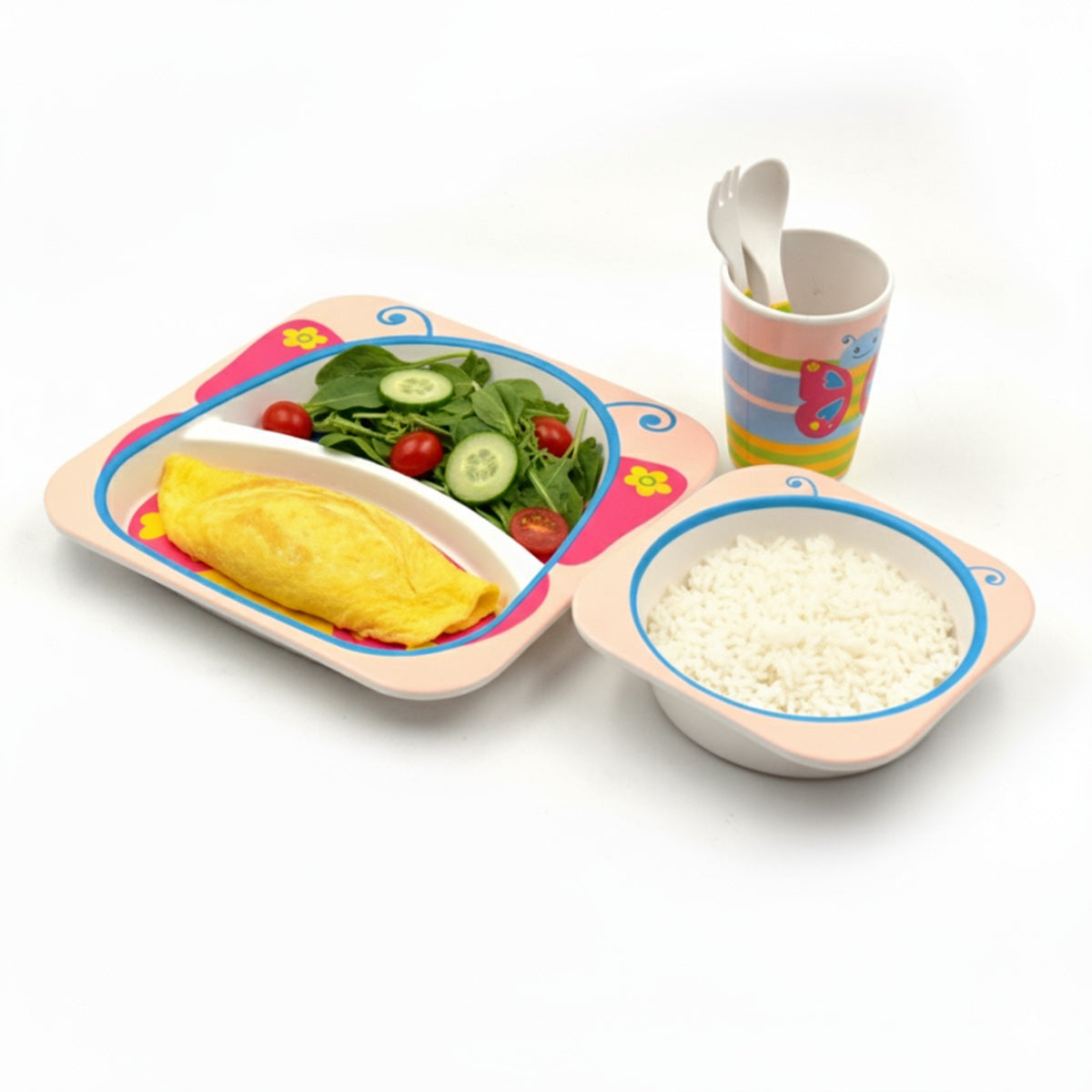 Kindergeschirrset 5-tlg. aus Bambus in Schmetterlingsdesign - robust & bunt