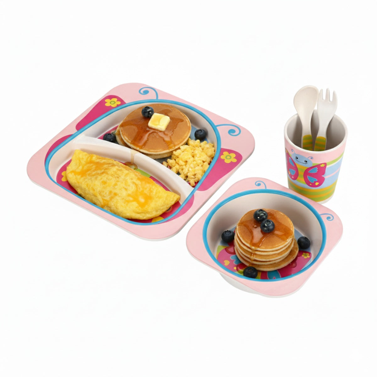 Kindergeschirrset 5-tlg. aus Bambus in Schmetterlingsdesign - robust & bunt