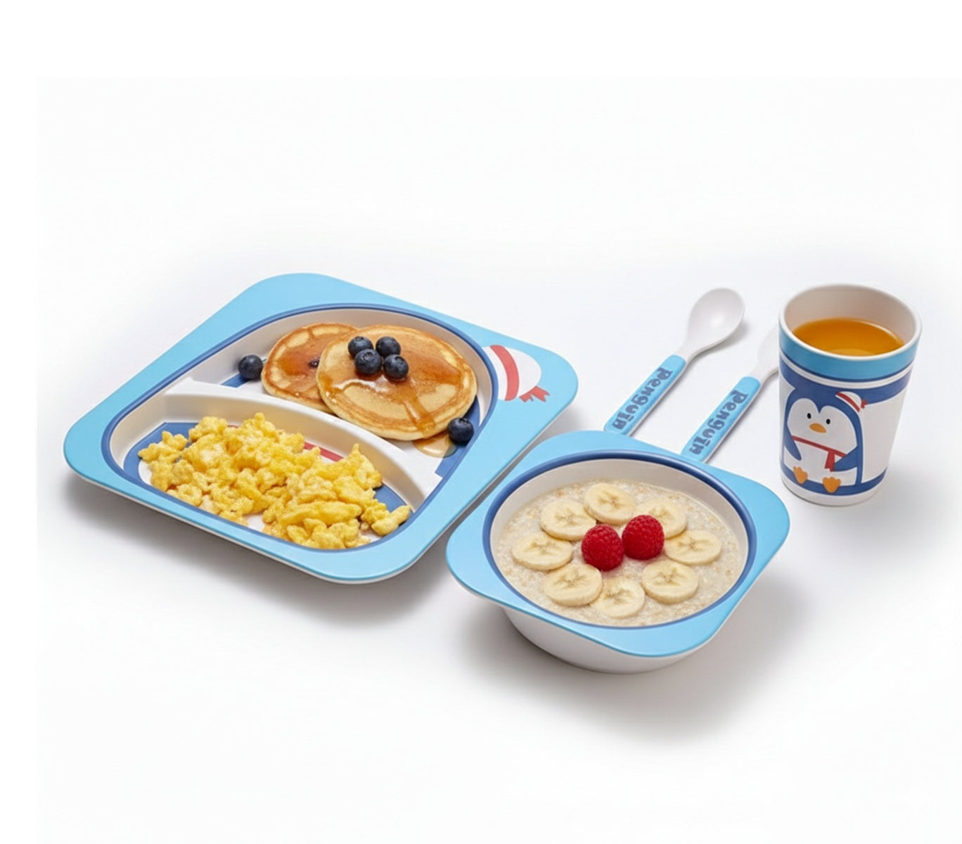 Kindergeschirrset 5-tlg. aus Bambus in Pinguinmotiv - robust & bunt
